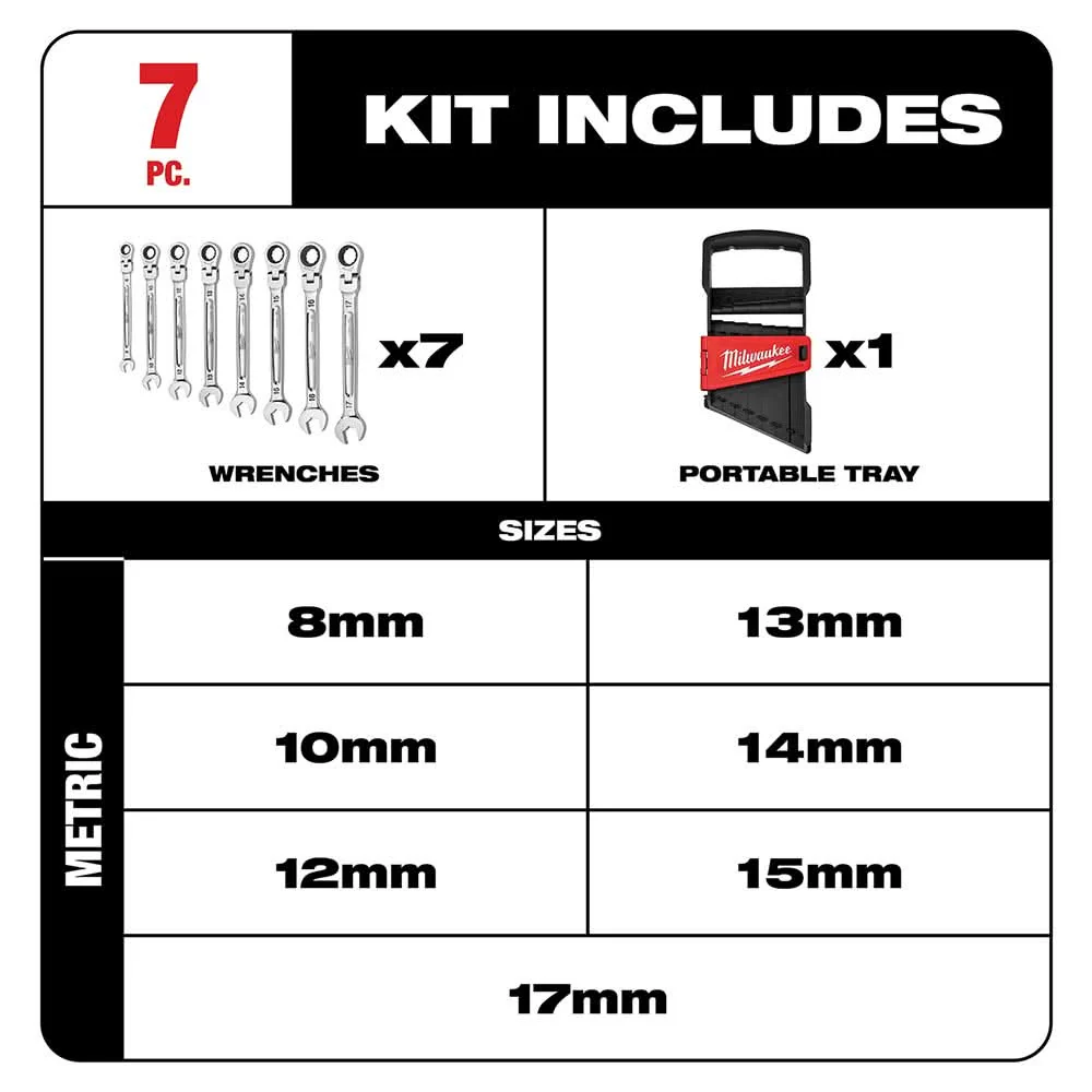 Milwaukee 48-22-9529 Metric Flex Head Ratcheting Combination Wrench, 7-Pieces - Image 2