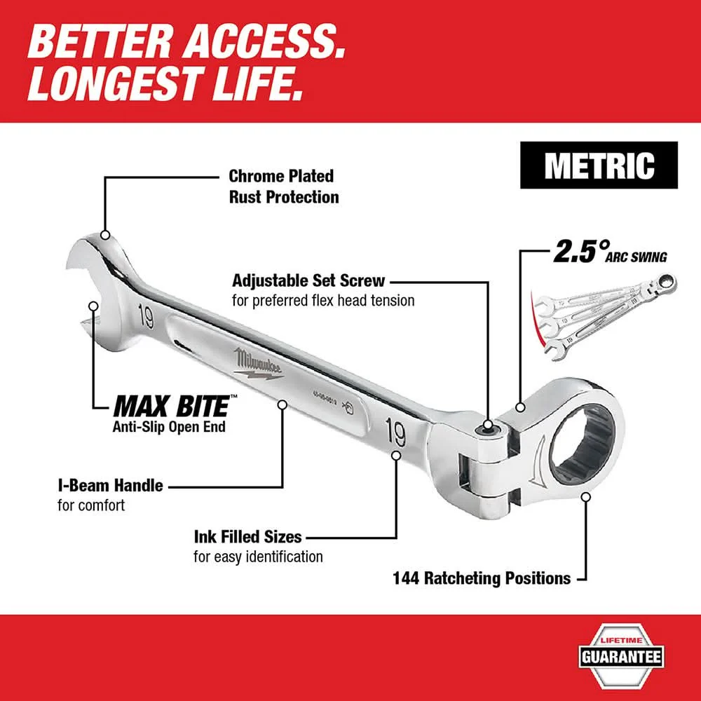 Milwaukee 48-22-9529 Metric Flex Head Ratcheting Combination Wrench, 7-Pieces - Image 3