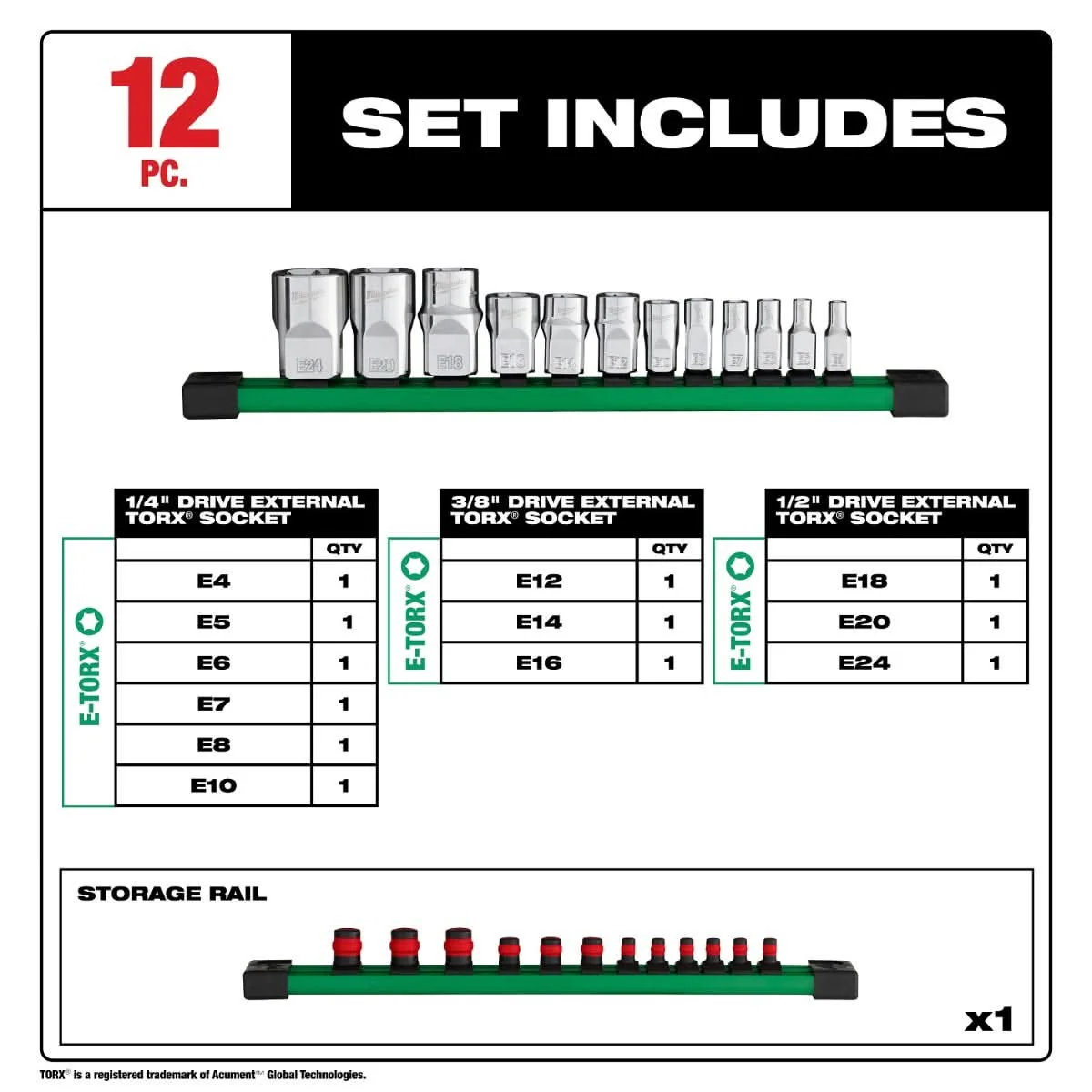 Milwaukee 48-22-9570 12pc 1/4", 3/8", & 1/2" Drive External TORX Socket Set - Image 2