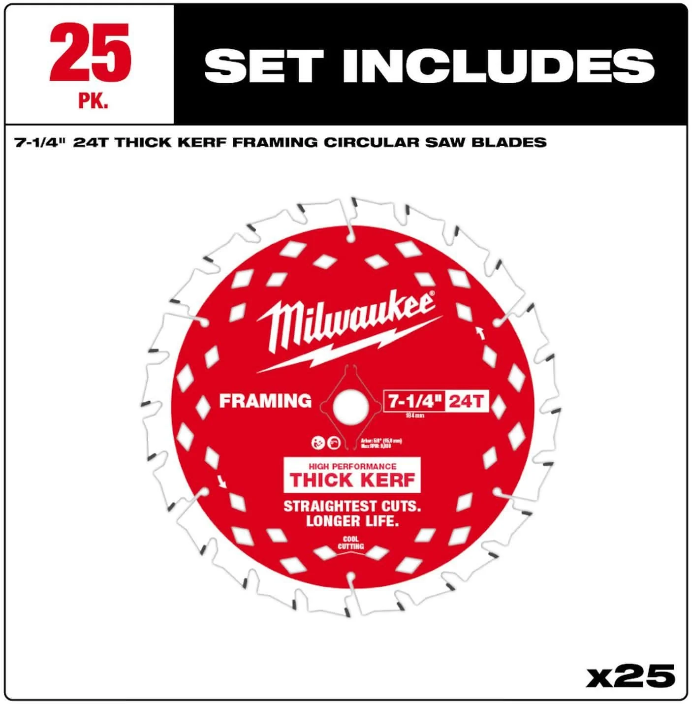 Milwaukee 48-40-2740 7-1/4 in. 24T Thick Kerf Framing Circular Saw Blade Contractor Pack (25-Pack) - Image 3