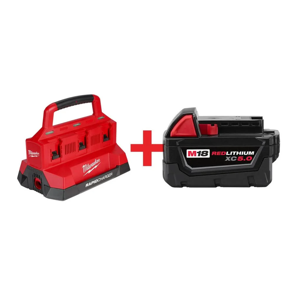 Milwaukee M18 PACKOUT 6-Bay Rapid Charger plus M18 REDLITHIUM XC 5.0Ah Battery Pack