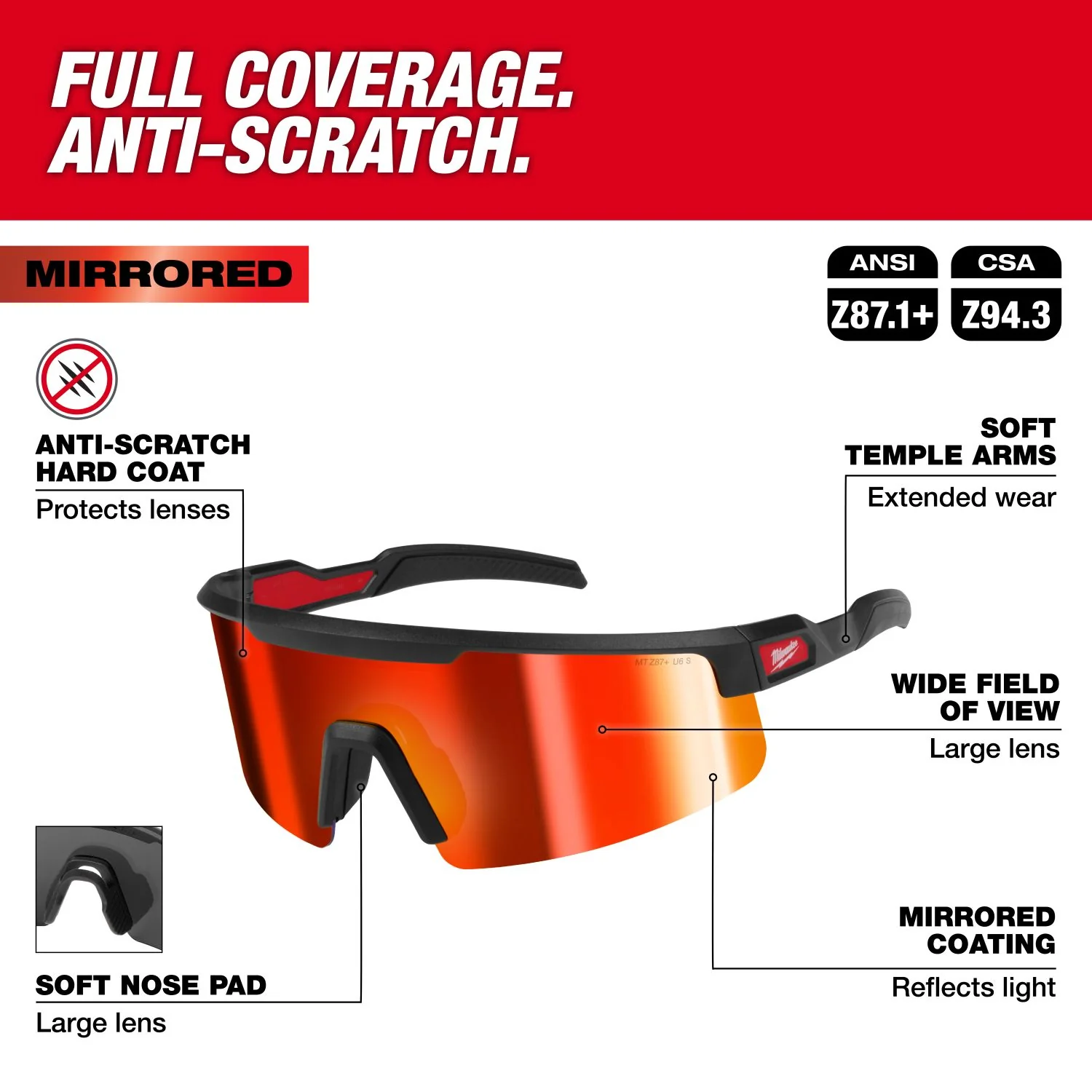 Milwaukee 48-73-2506 Wrap Around Red Mirrored Safety Glasses w/ Anti-Scratch Lenses - Image 2