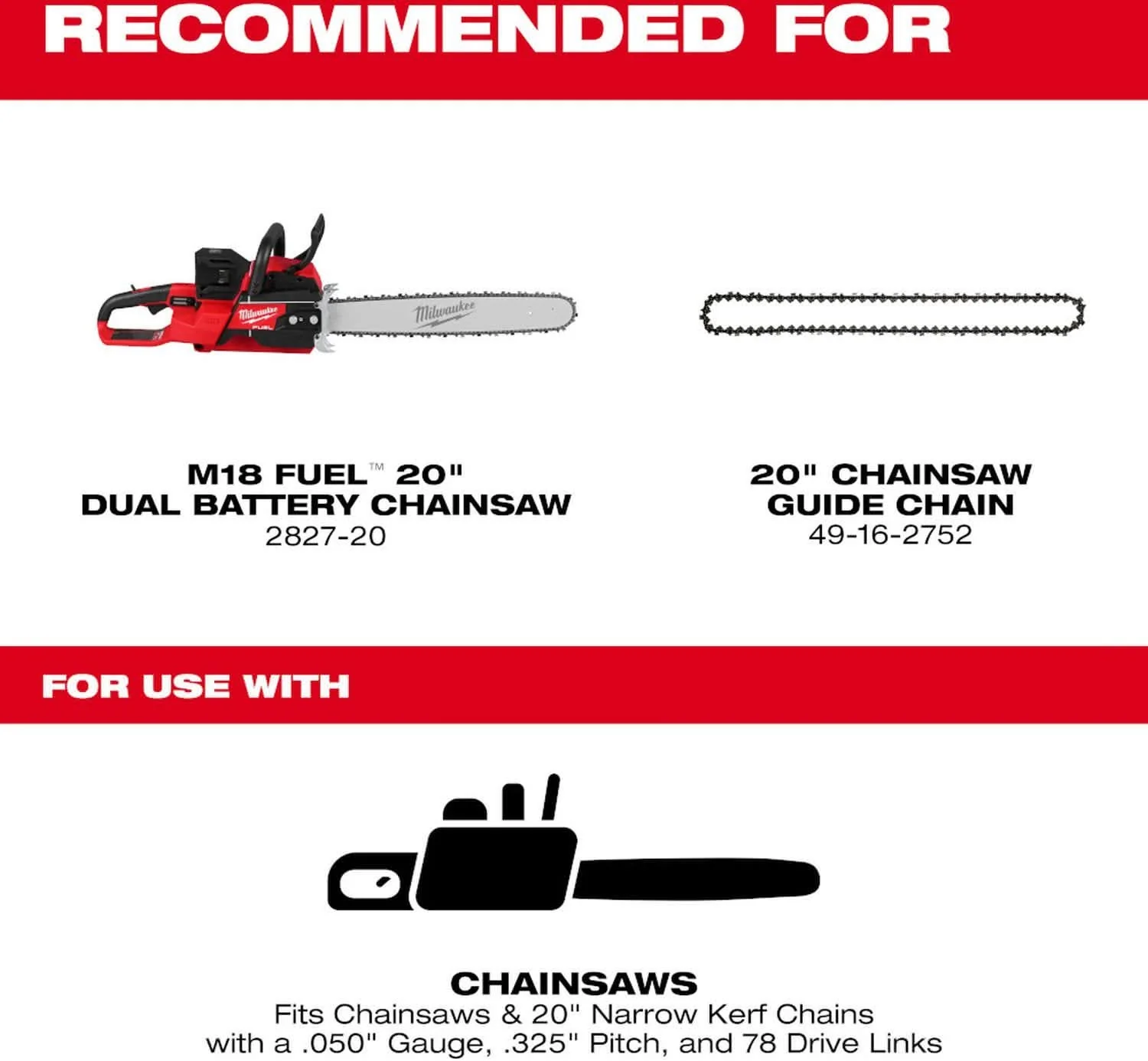 Milwaukee 49-16-2755 20 in. Guide Bar, .325 in. Pitch, .050 in. Gauge - Image 2