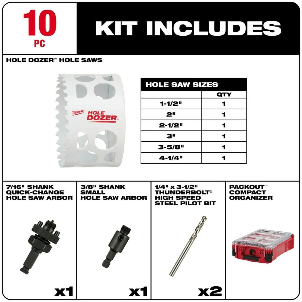 Milwaukee 49-22-5606 HOLE DOZER Bi-Metal Hole Saw Kit with PACKOUT Compact Organizer, 10-Piece Set - Image 2