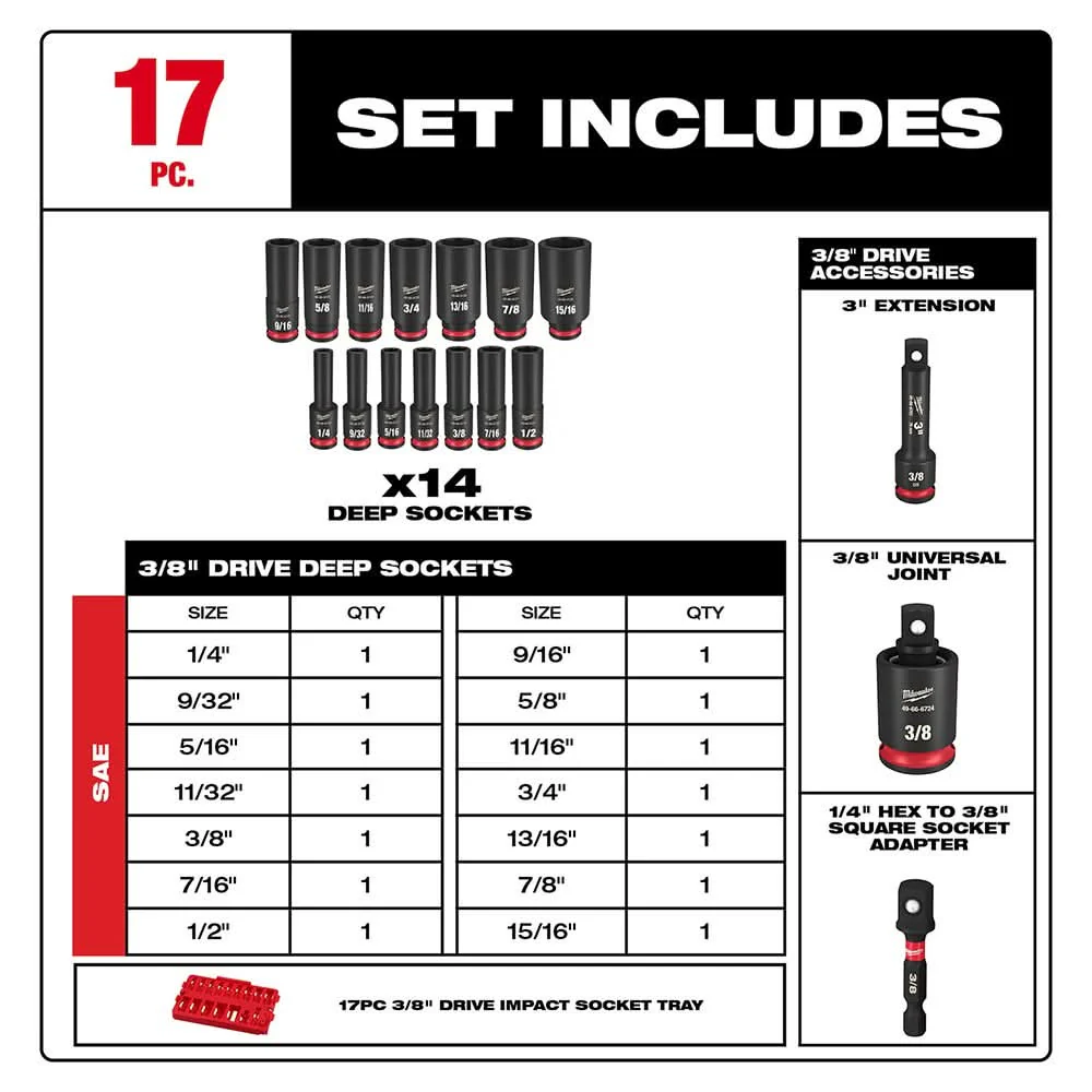 49-66-6815 SHOCKWAVE Impact Duty Socket 3/8" Dr 17PC SAE TRAY Set - Image 3