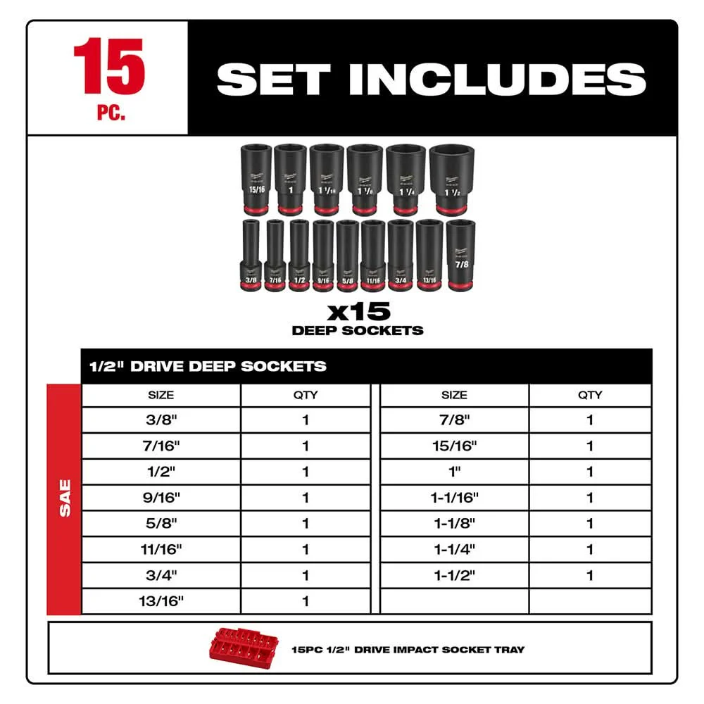 49-66-6817 SHOCKWAVE Impact Duty Socket 1/2" Dr 15PC SAE TRAY Set - Image 3