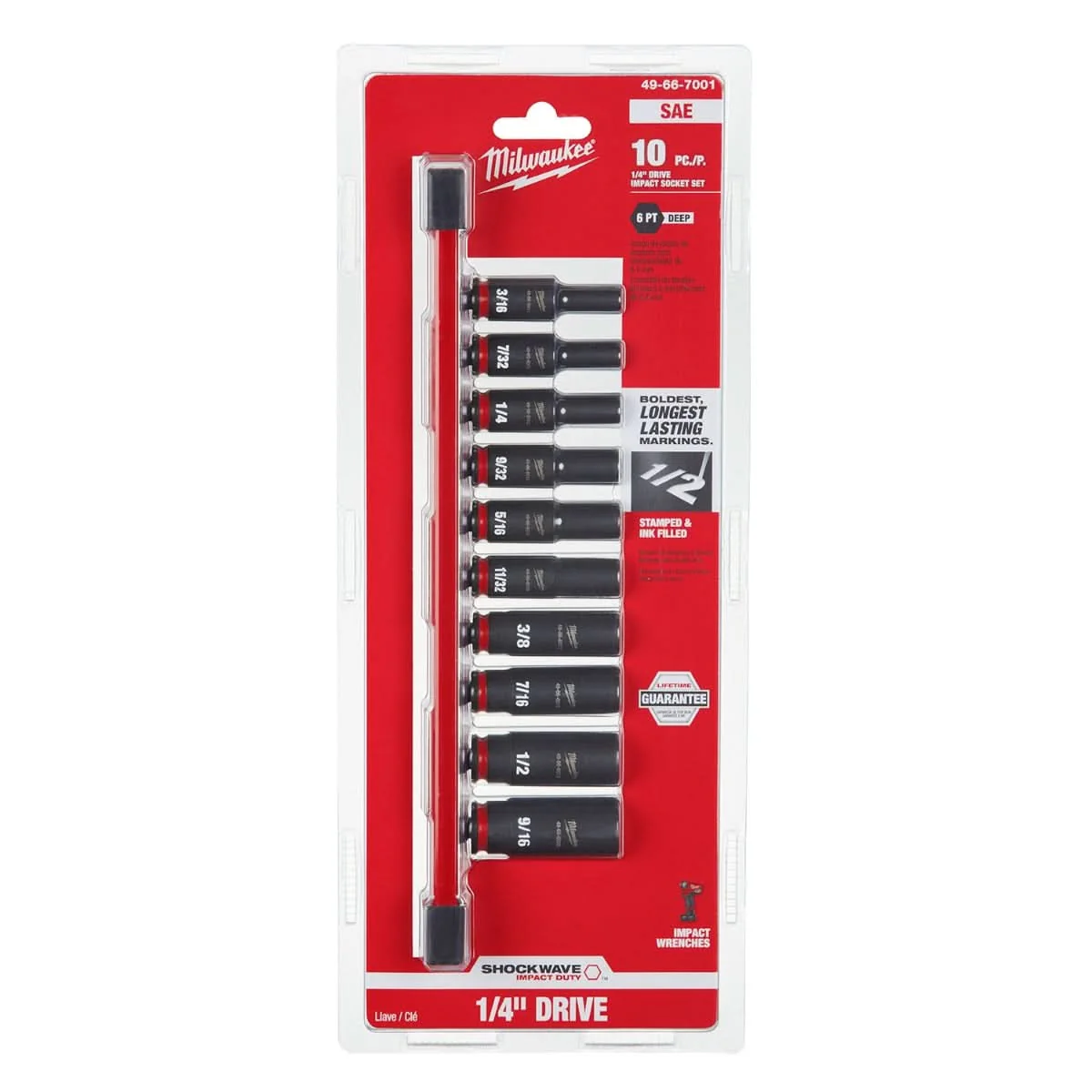 Milwaukee 49-66-7001 10-Piece SHOCKWAVE 1/4-Inch SAE Deep 6-Point Impact Duty Socket Set - Image 2