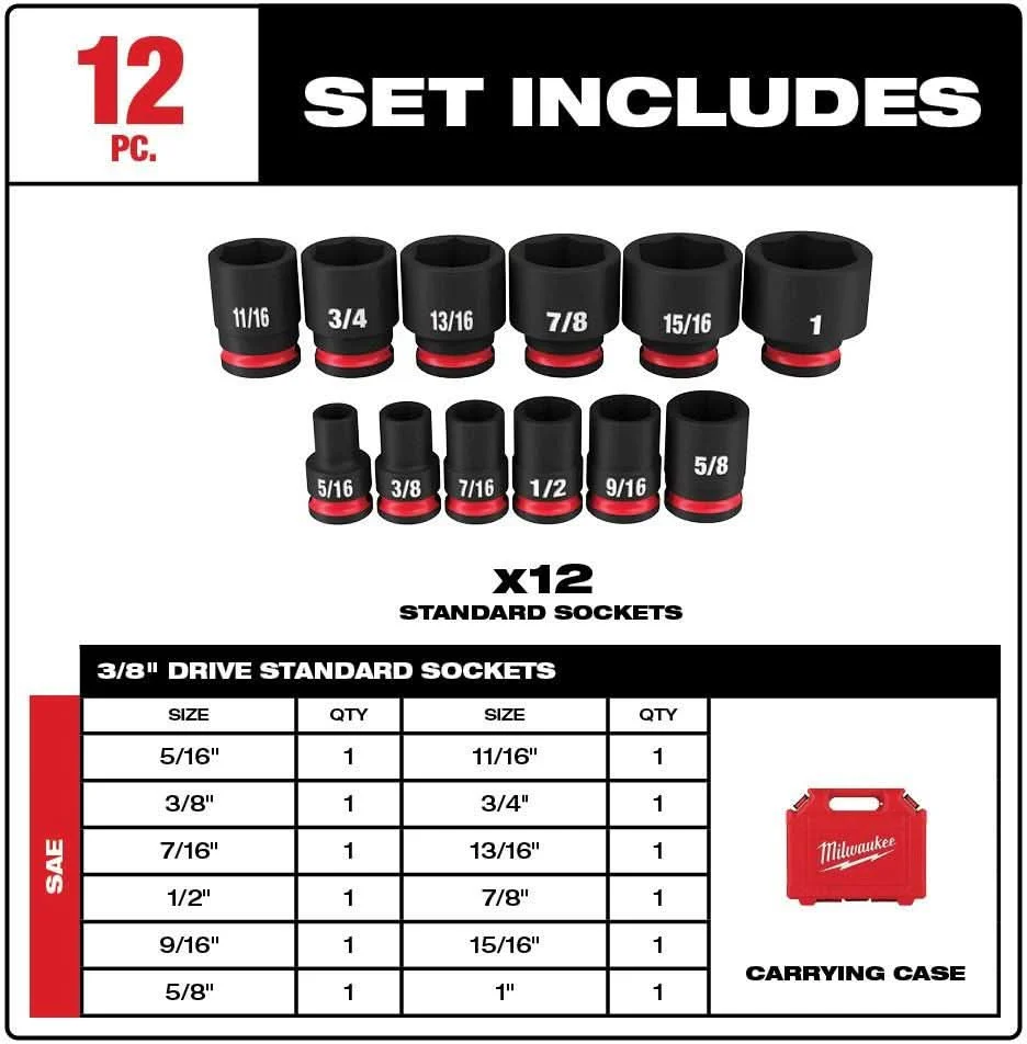Milwaukee 49-66-7005 12-Piece SHOCKWAVE 3/8-Inch Drive SAE Standard 6-Point Impact Duty Socket Set (PROMO) - Image 2