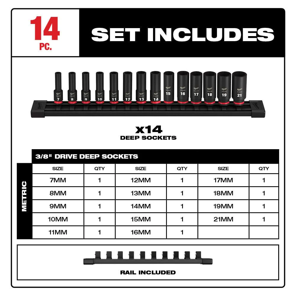 Milwaukee PROMO 49-66-7008 14-Piece SHOCKWAVE 3/8-Inch Drive Metric Deep 6-Point Impact Duty Socket Set (PROMO) - Image 3
