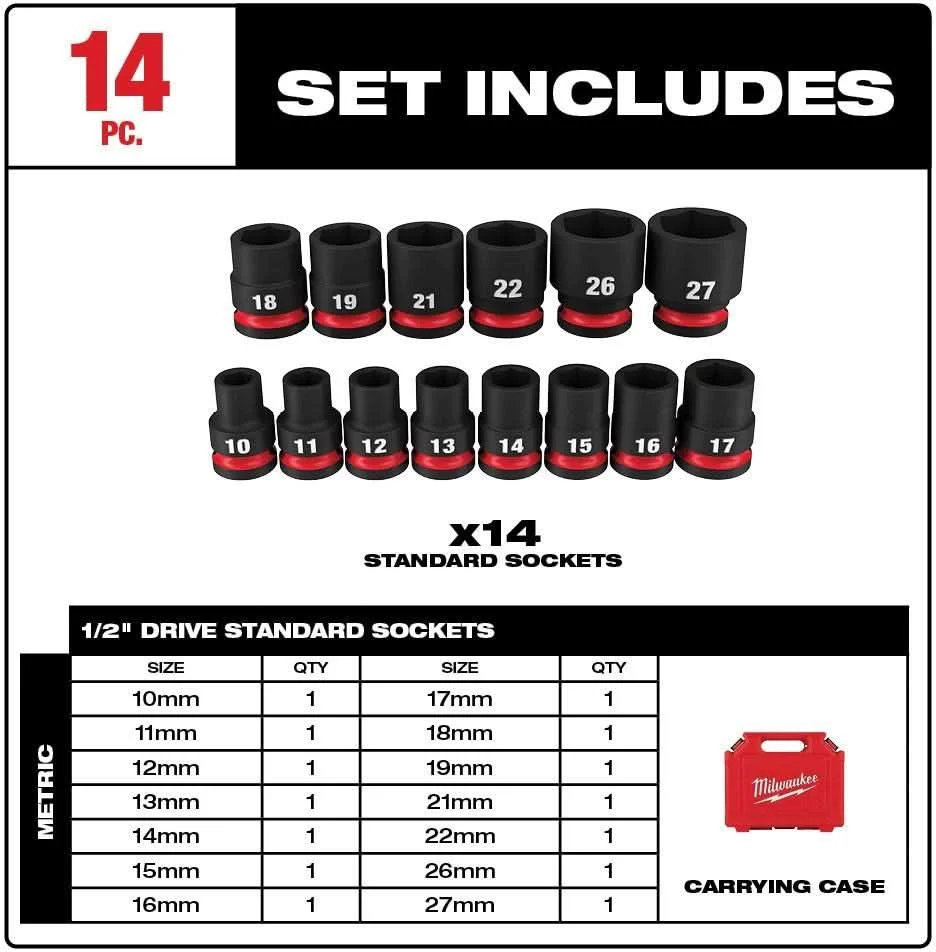 Milwaukee 49-66-7013 14-Piece SHOCKWAVE 1/2-Inch Drive Metric Standard 6-Point Impact Duty Socket Set (PROMO) - Image 2