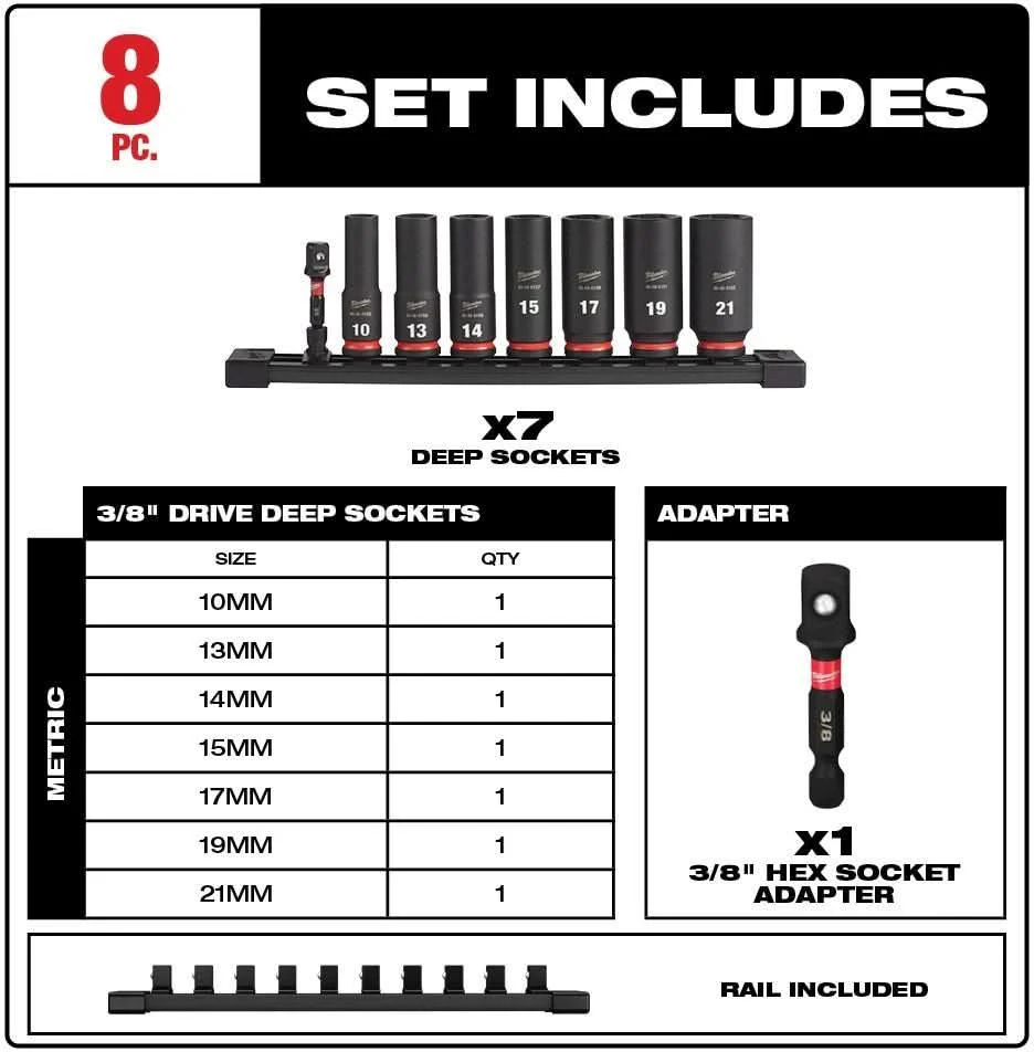 Milwaukee 49-66-7021 8-Piece SHOCKWAVE 3/8-Inch Drive Metric Deep 6-Point Impact Duty Socket Set (PROMO) - Image 3