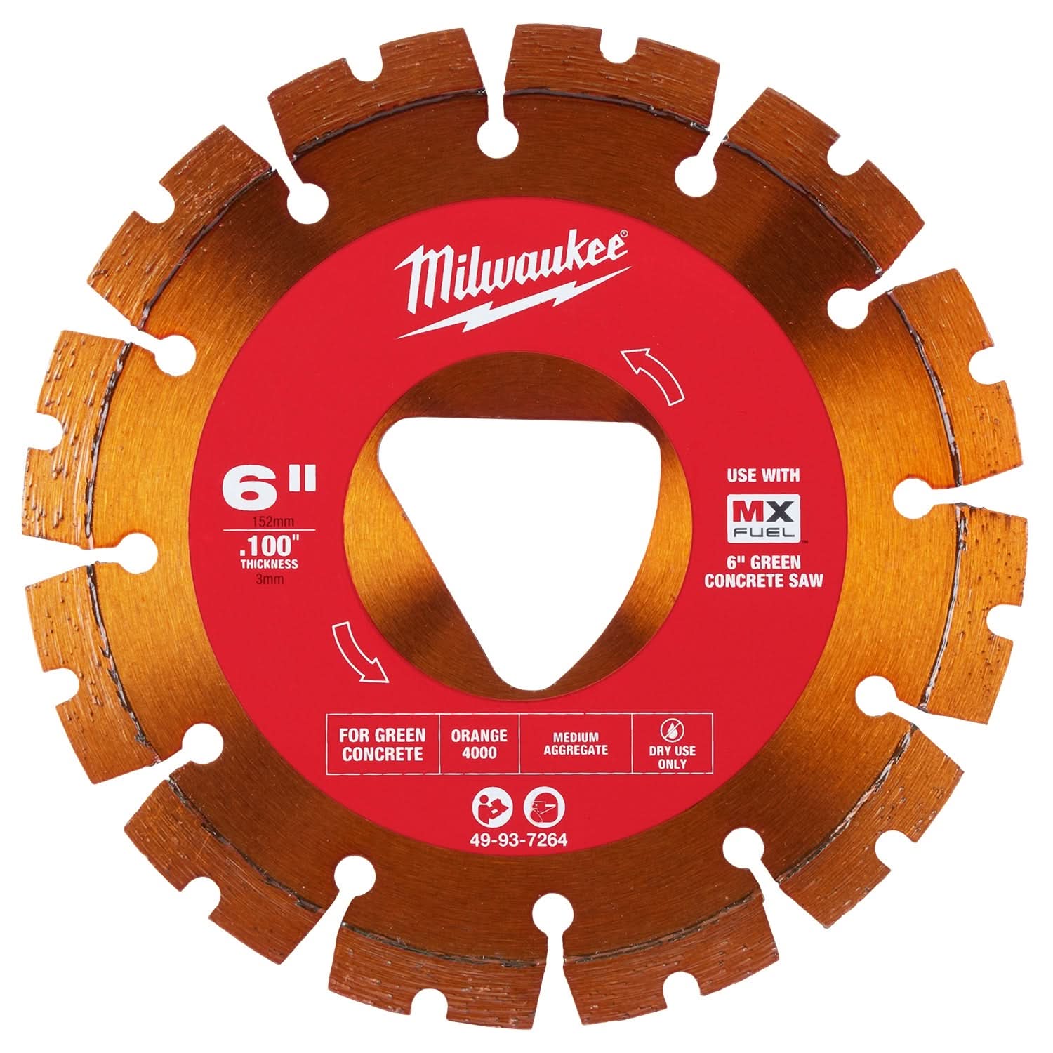 Milwaukee 49-93-7264 Orange 6 in. x .100 in. Diamond Blade for Green Concrete - Image 1