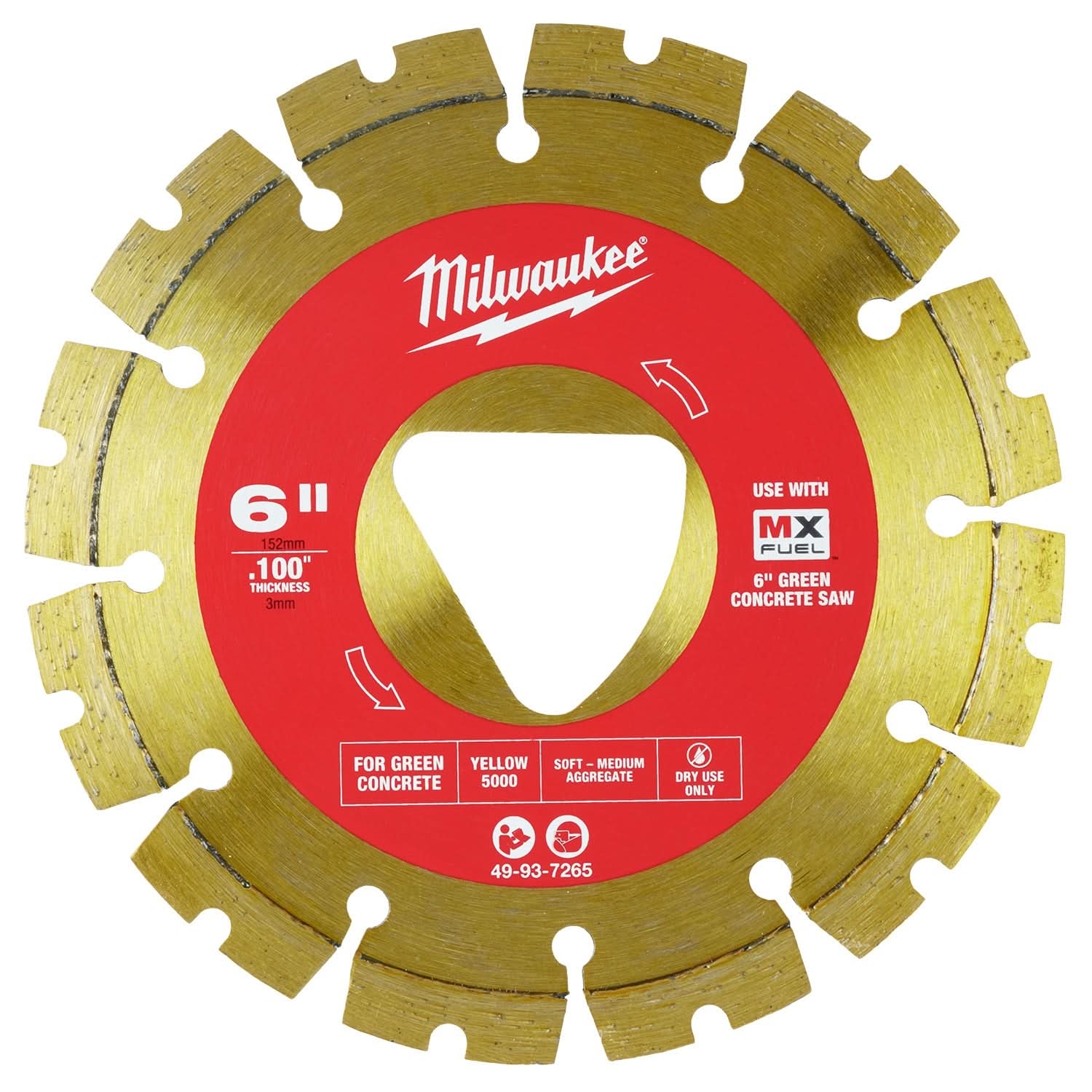 Milwaukee 49-93-7265 Yellow 6 in. x .100 in. Diamond Blade for Green Concrete - Image 1