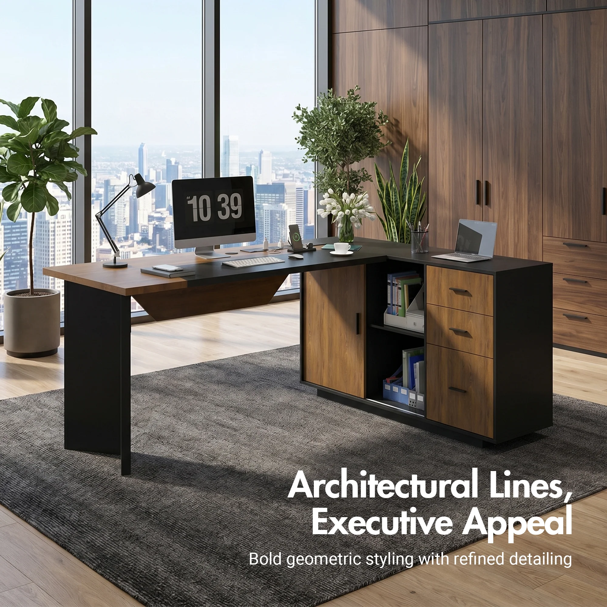 Advwin L-Shaped Executive Desk w/ Glass Display Cabinet - Image 2