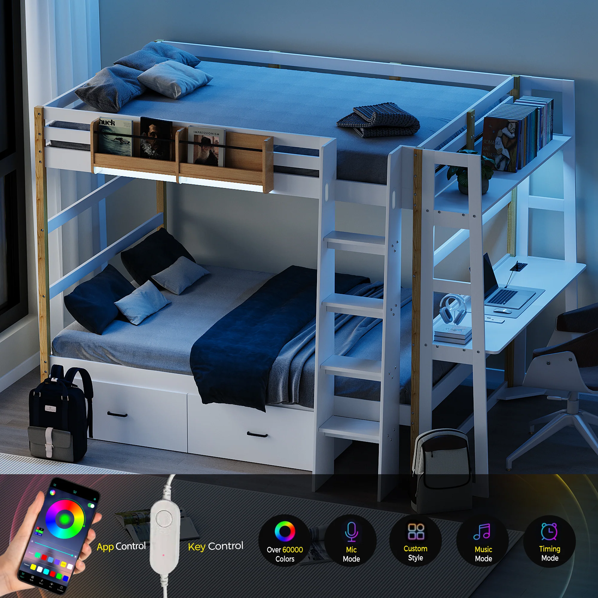 Advwin Solid Wood Bunk Bed with Desk & LED Lights - Image 3