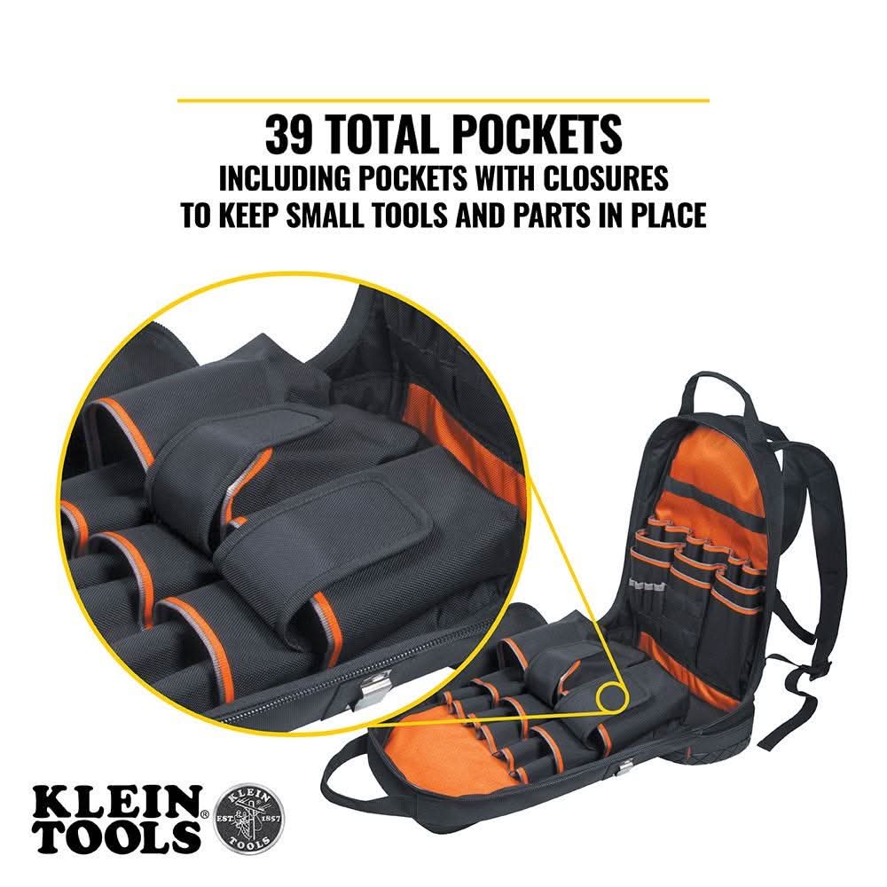 Klein 55421BP14 Tradesman Pro Tool Bag Backpack, 39 Pockets, Black, 14-Inch - Image 3