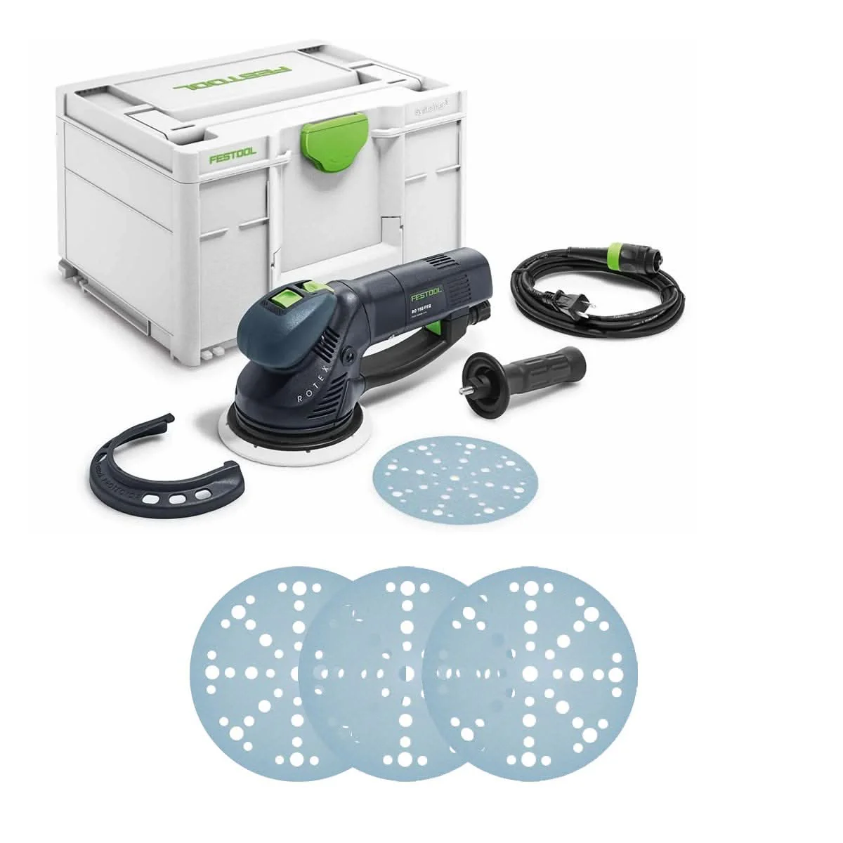 Festool RO 150 150mm (6") FEQ Rotex Sander w/ Systainer3 with Granat, 80 Grit (10 Pack), 40-320 Grit, (10-Pack), and Granat, 180 Grit (10 Pack) for 150 mm (6") Sanders - Image 1