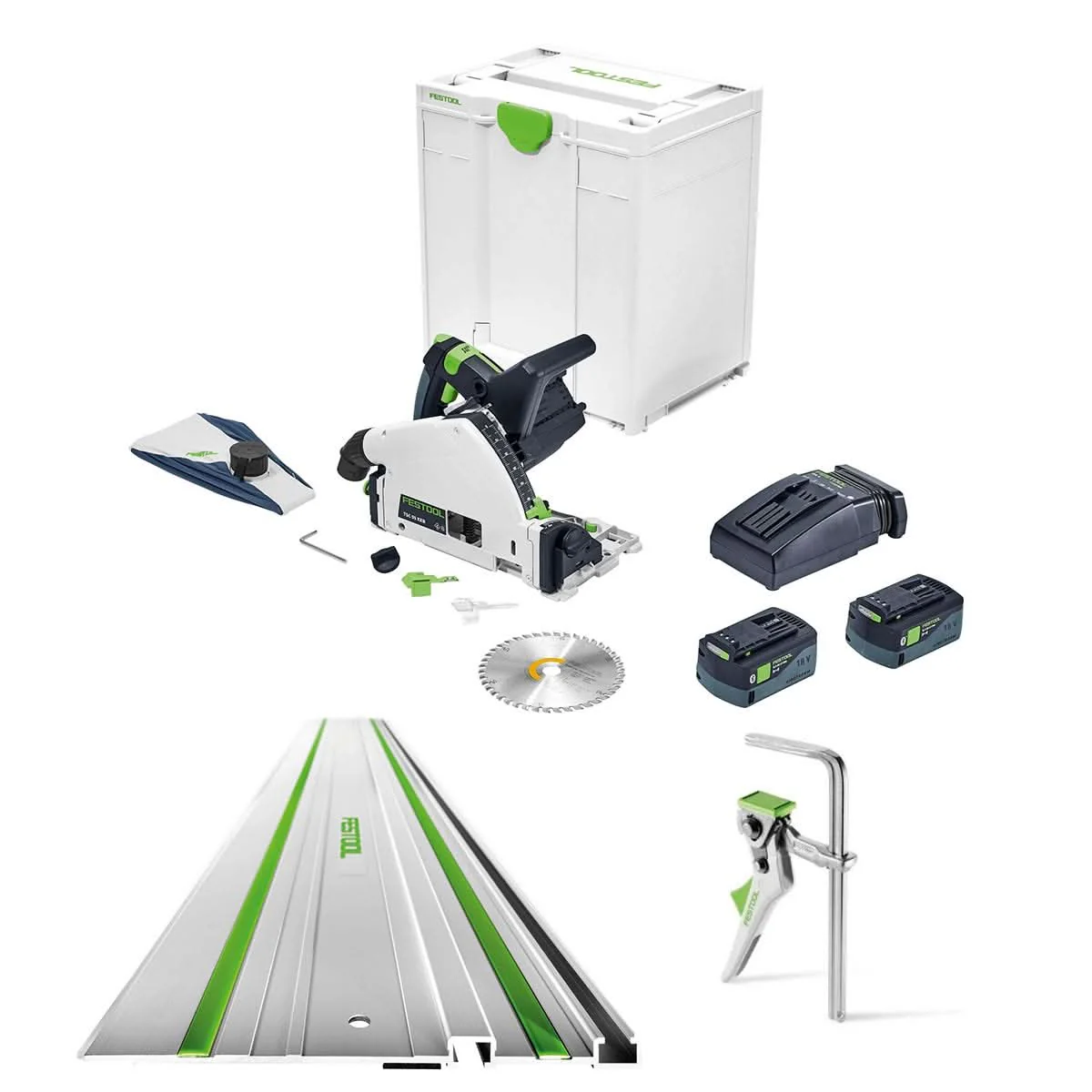 Festool TSC 55 K Cordless Track Saw 5.0Ah Kit with Kickback Stop, a FS 1400 55" Guide Rail, and Quick Ratcheting Clamp, 6-5/8" - Image 1