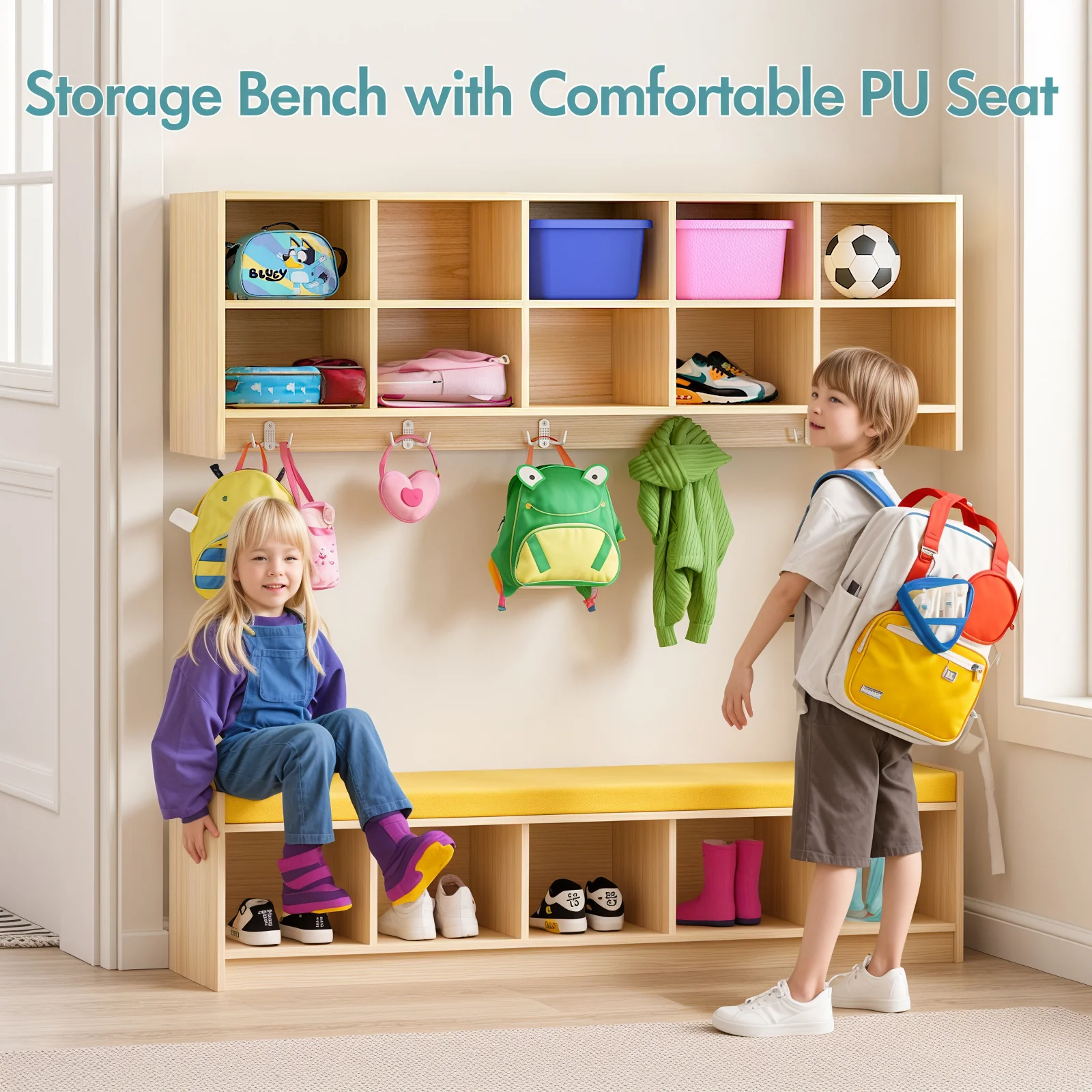 Advwin 10-Section Wall Cubbies w/Hooks & Bench - Image 2