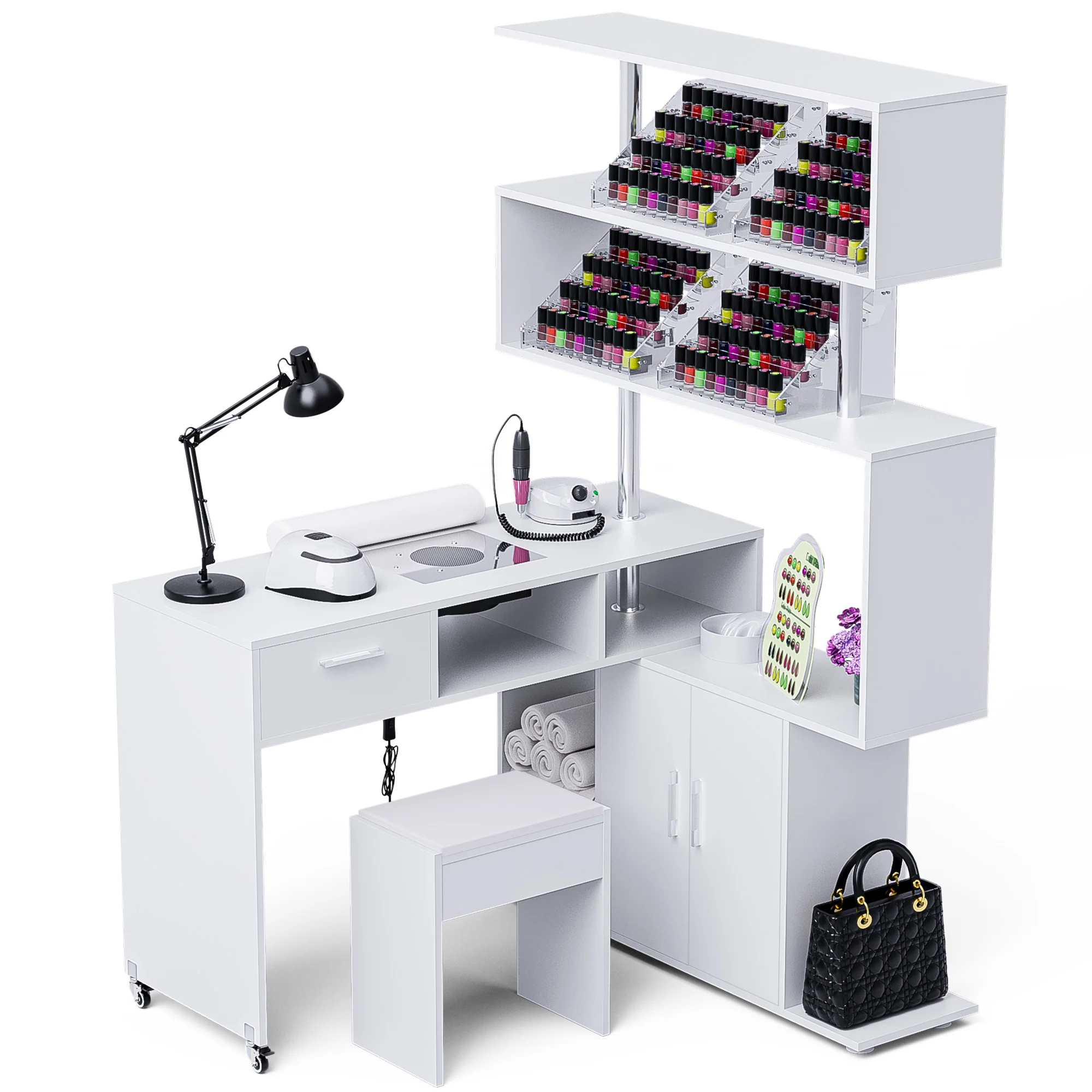 Advwin Rotating Manicure Table Nail Desk with Stool - Image 3