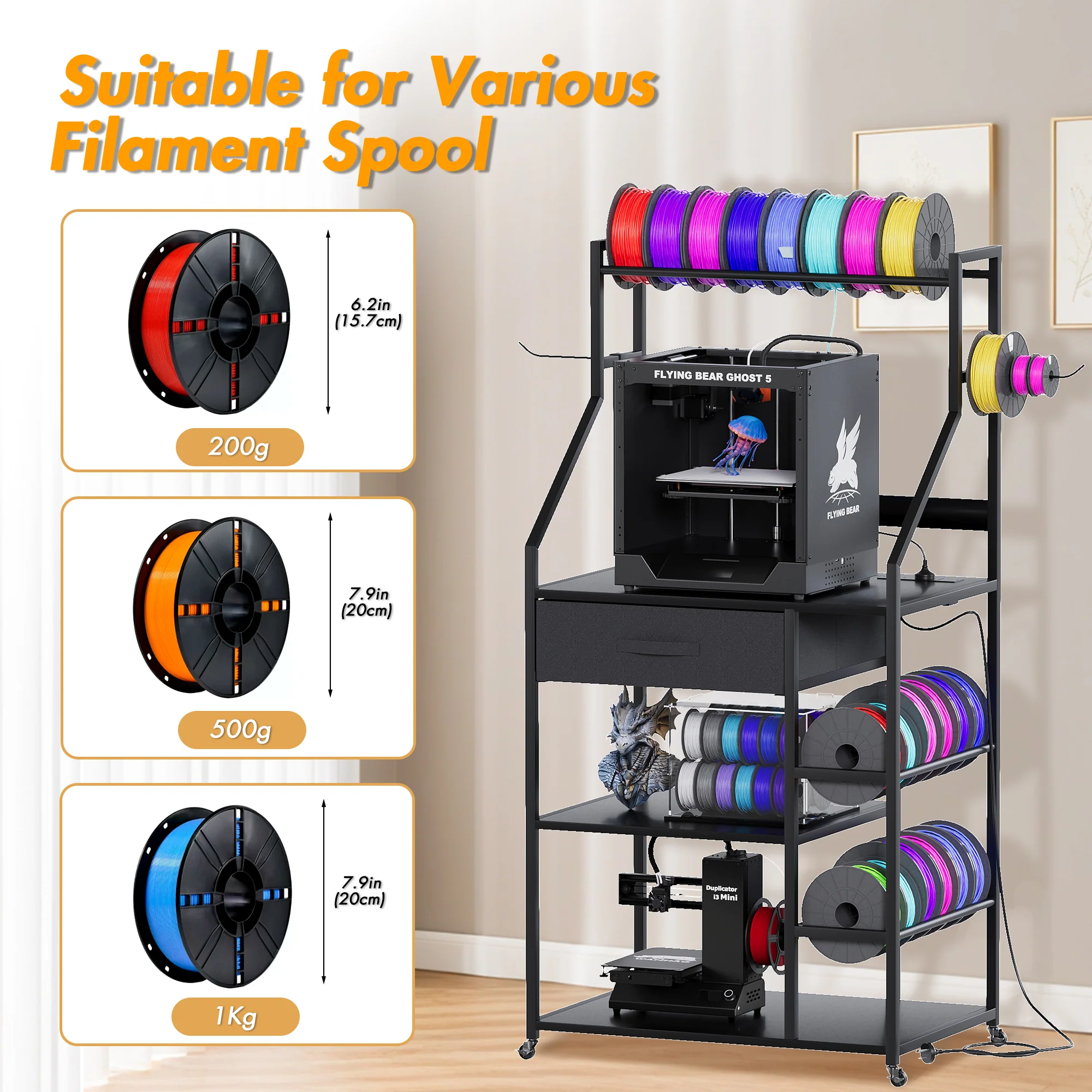Advwin 4-Tier 3D Printer Stand w/ Drawer & Outlet - Image 2