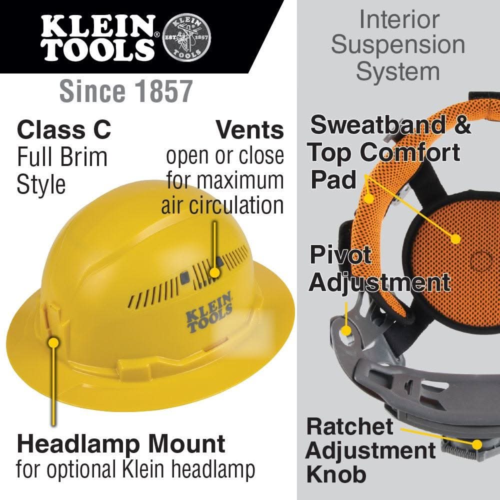 Klein 60262 Hard Hat, Vented, Full Brim Style, Yellow - Image 2