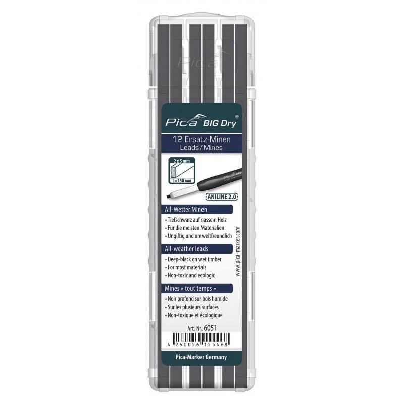 Pica 6051 BIG Dry Aniline 2.0 All-Weather Lead Refill, Black (12-Pack)