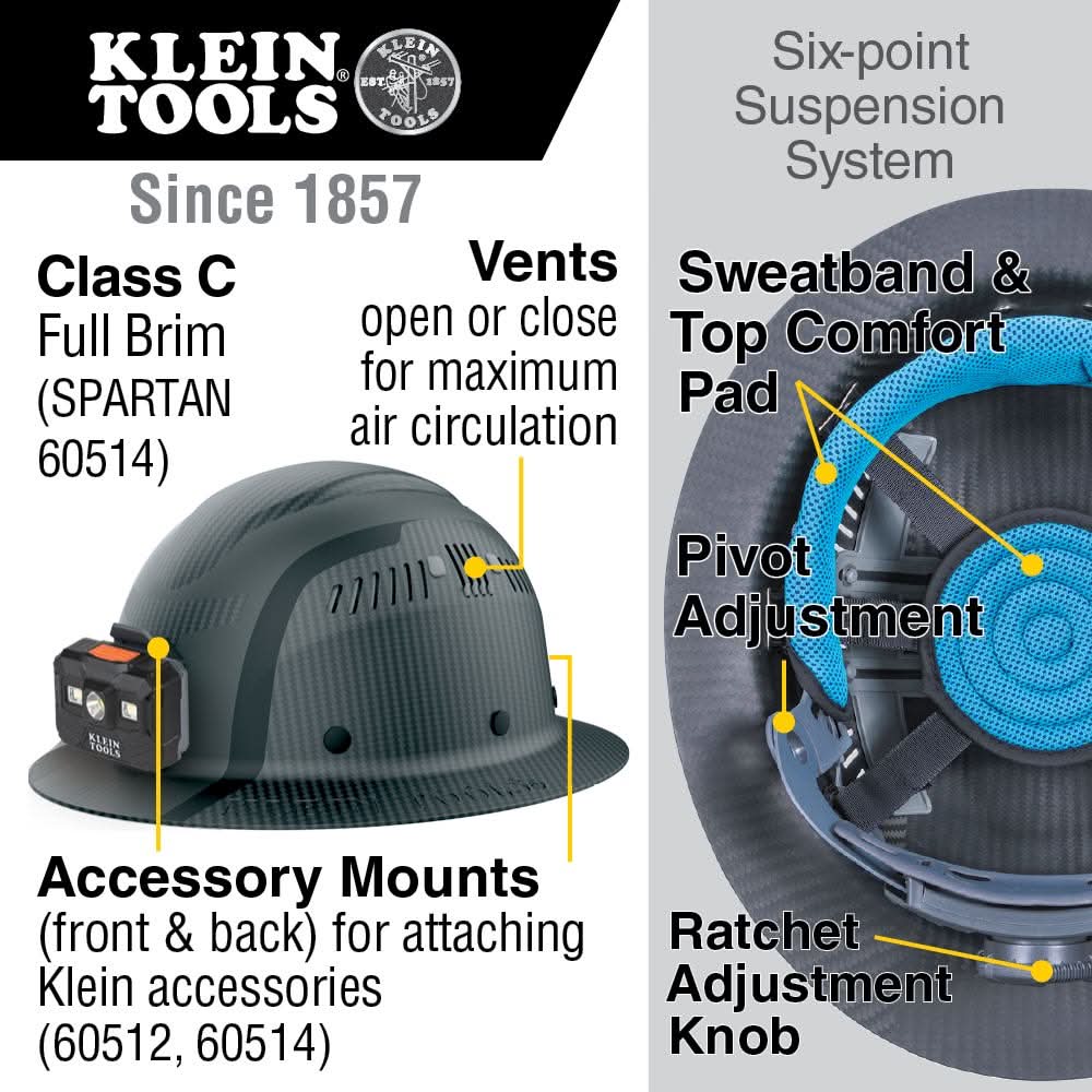 Klein Tools 60514 Klein Carbon Fiber Full Brim Hard Hat with Headlamp, Spartan - Image 2