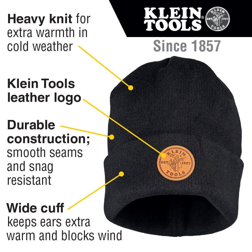 Klein Tools 60569 Heavy Knit Hat, Black, Leather Logo - Image 2