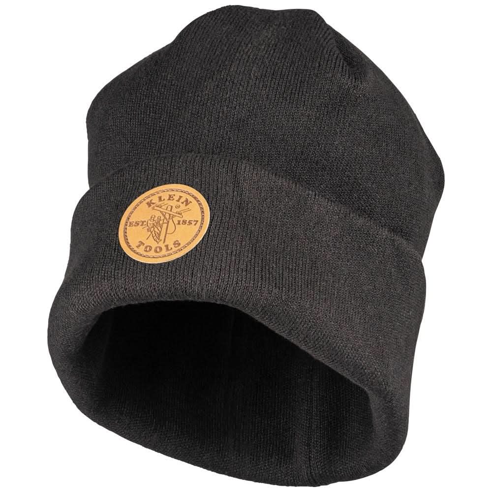 Klein Tools 60569 Heavy Knit Hat, Black, Leather Logo - Image 1