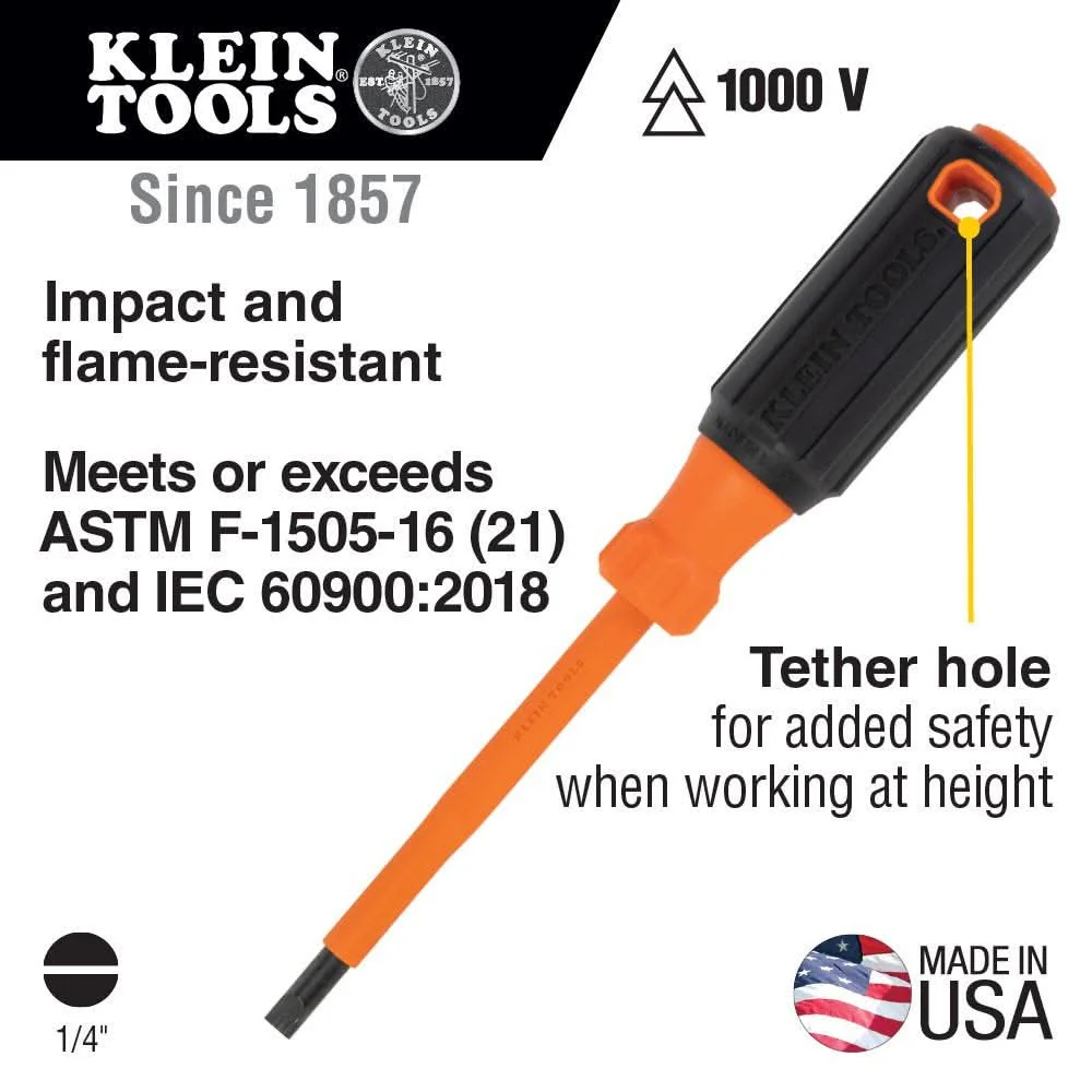 Klein Tools 6824INS Insulated Screwdriver, 1/4-Inch Cabinet Tip, 4-Inch Round Shank - Image 2