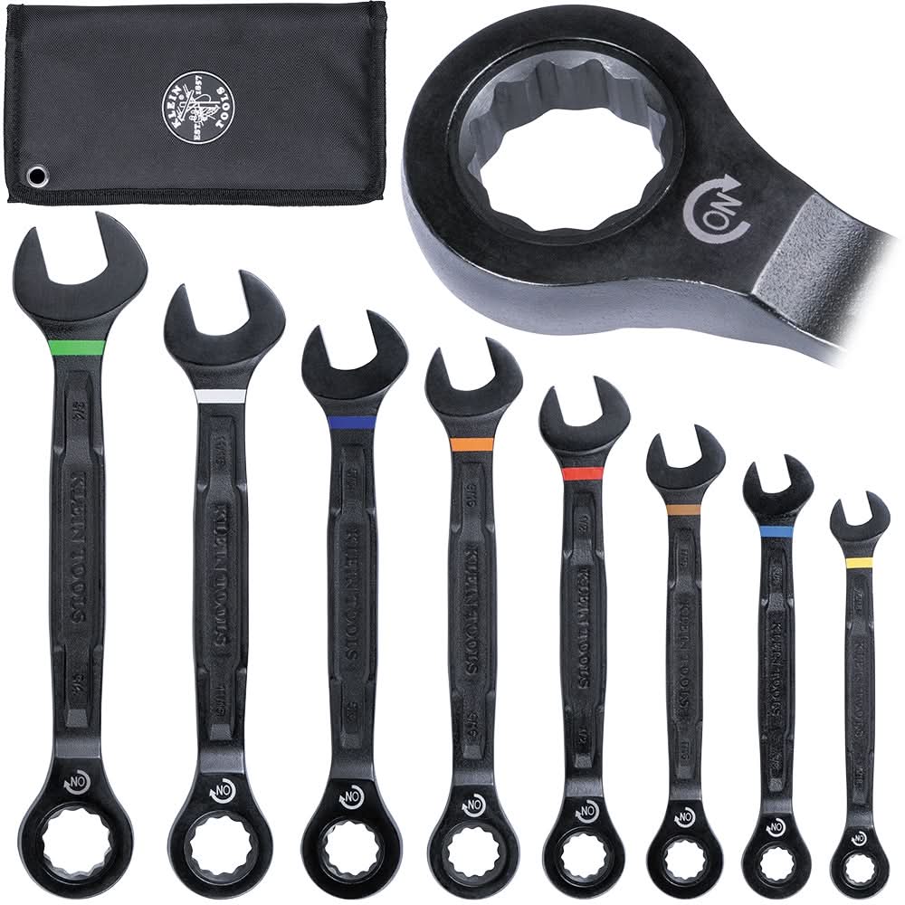 Klein Tools 69408G 8-Piece 90-Tooth Ratcheting Combo Wrench Set, SAE - Image 1