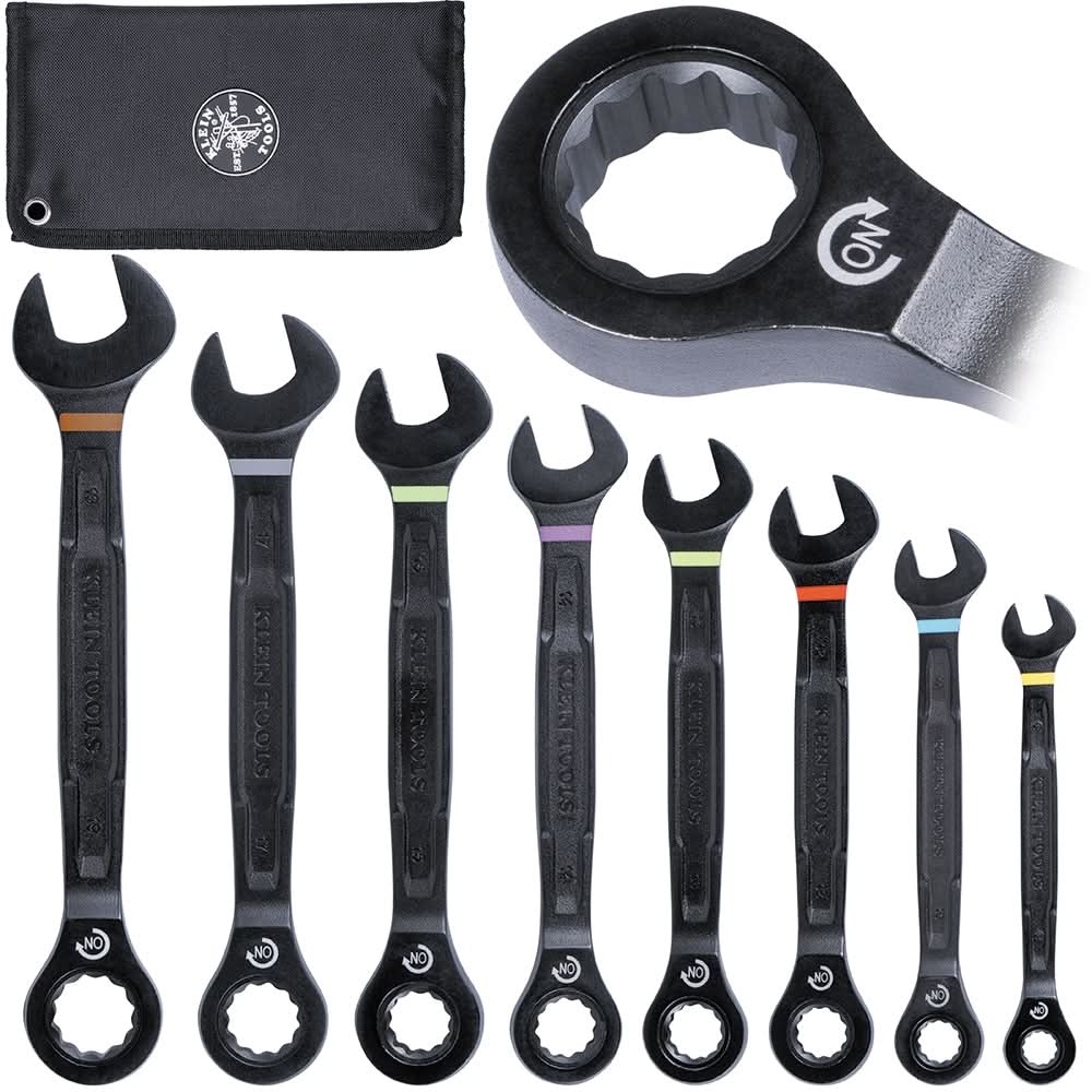 Klein Tools 69408MG 8-Piece 90-Tooth Ratcheting Combo Wrench Set, Metric - Image 1