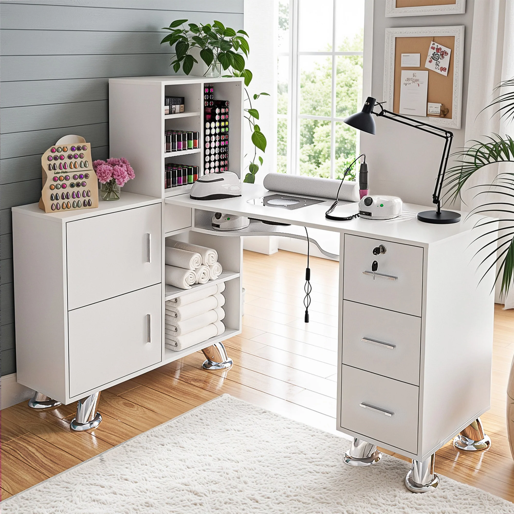 Advwin L-Shaped Manicure Table with Drawers Shelves - Image 1