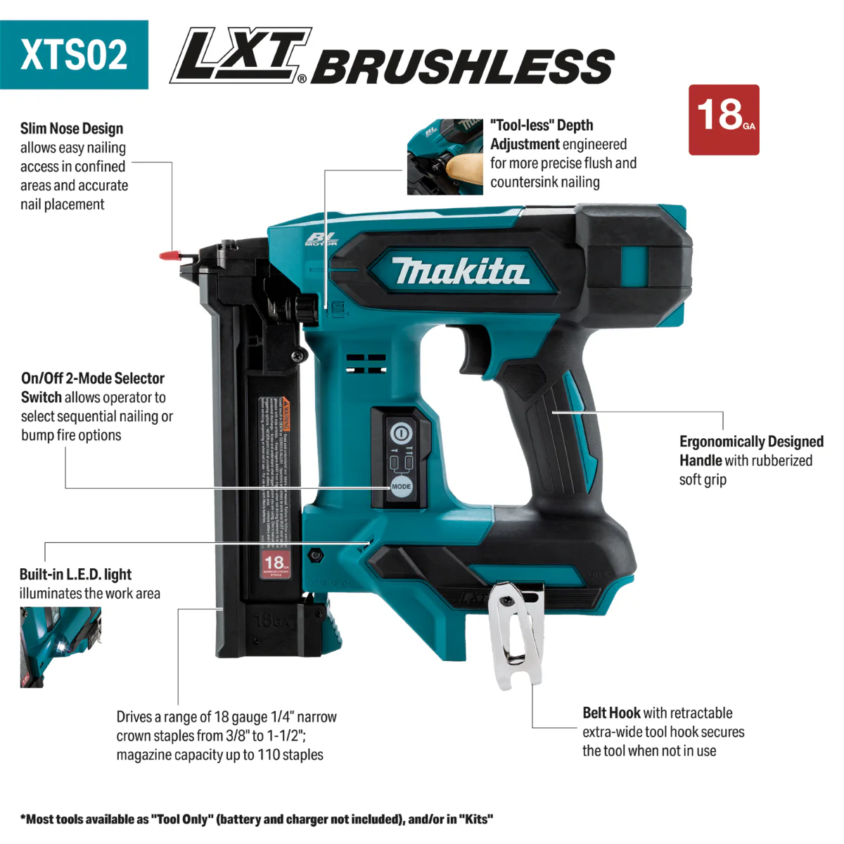 Makita XTS02Z 18V LXT Brushless Cordless 1/4-in. Narrow Crown 18-Gauge Stapler, Tool Only - Image 2