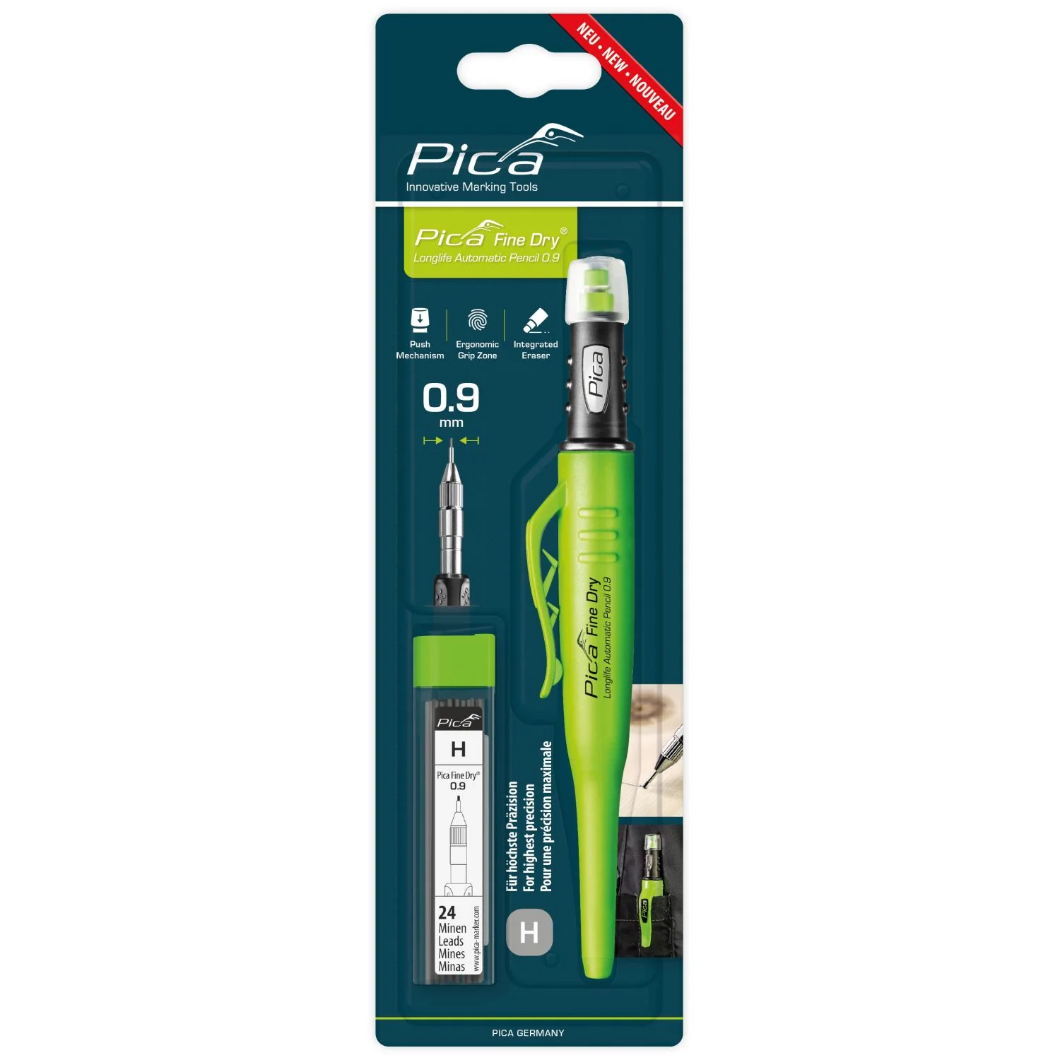 Pica 70705 Fine-Dry Pencil + 24-Pack 0.9mm Lead Refills Bundle - Image 1