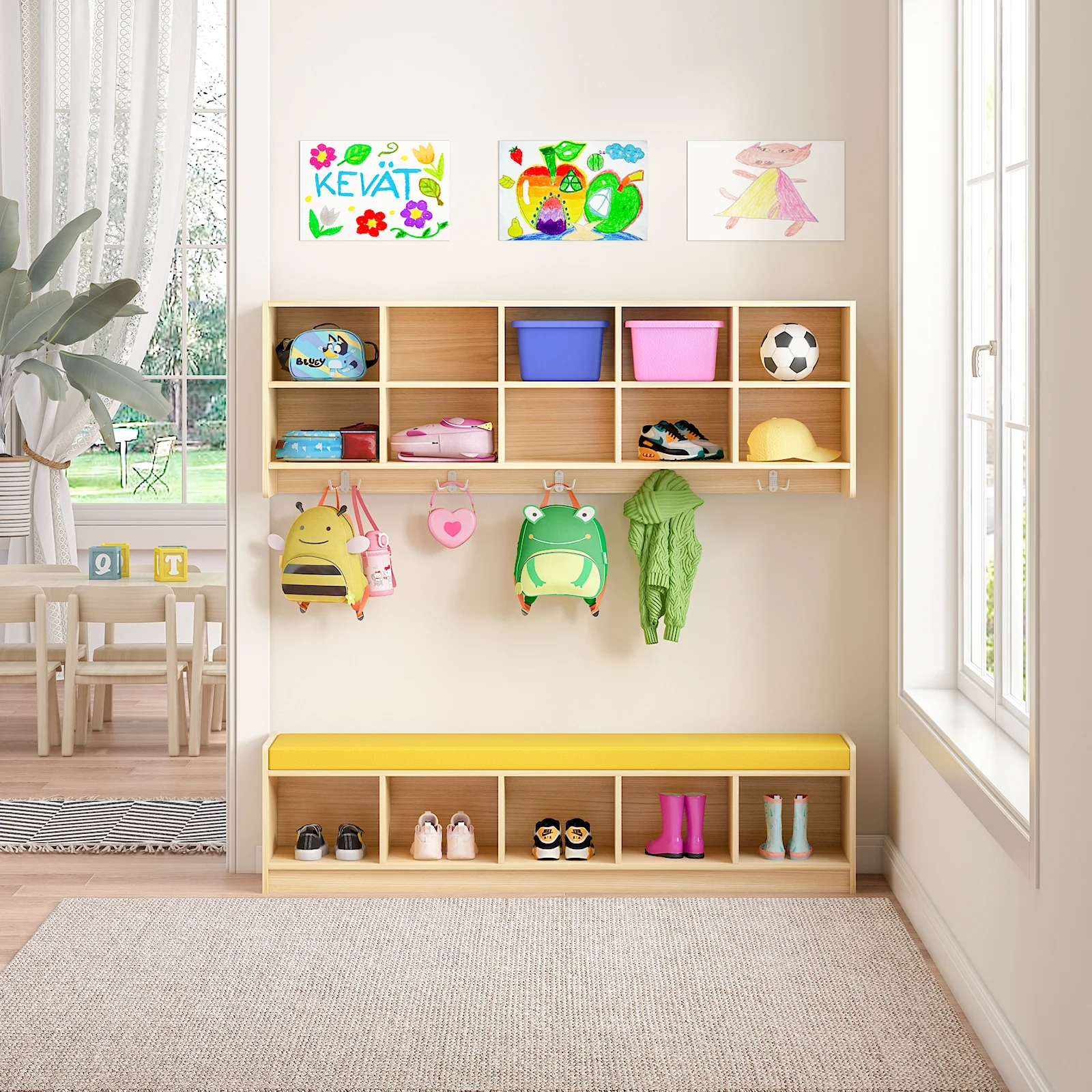Advwin 10-Section Wall Cubbies w/Hooks & Bench - Image 3