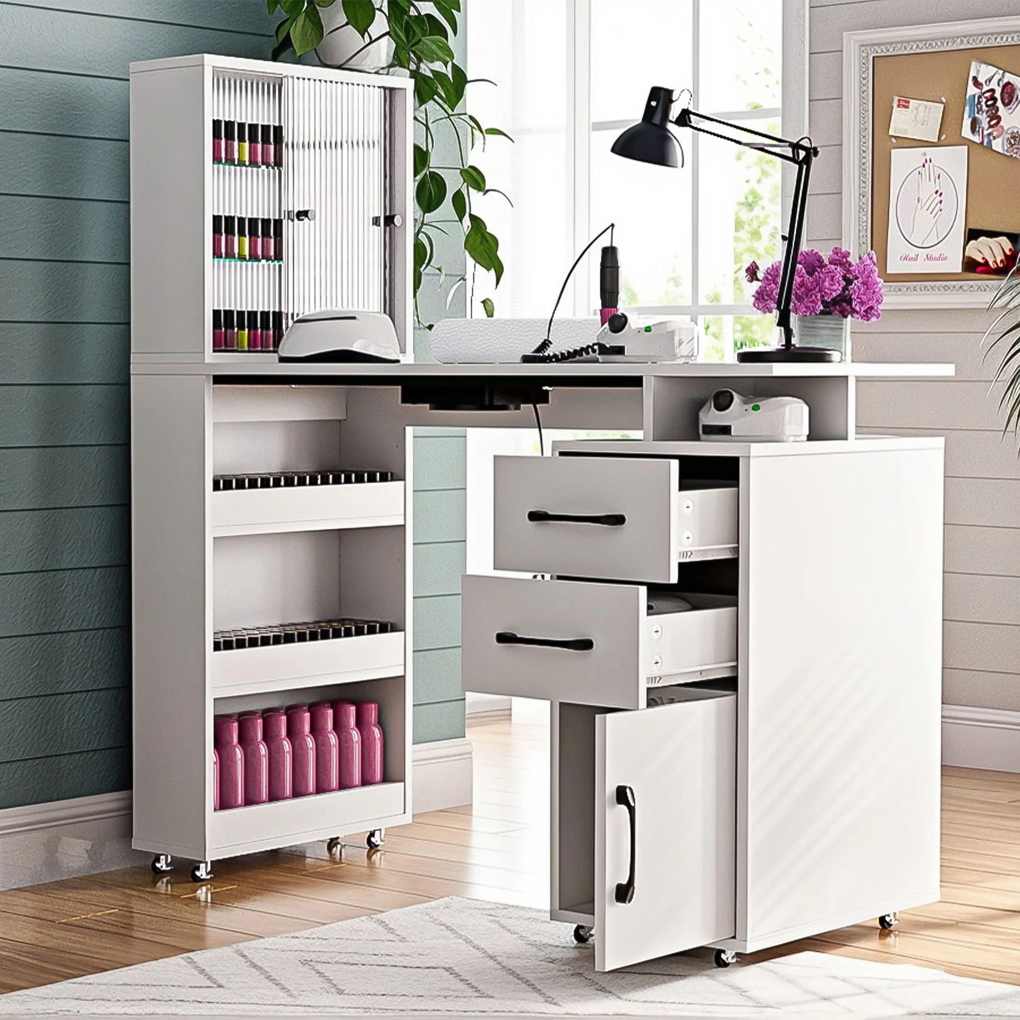 Advwin Nail Table with Glass Door Cabinets & Wheels - Image 1