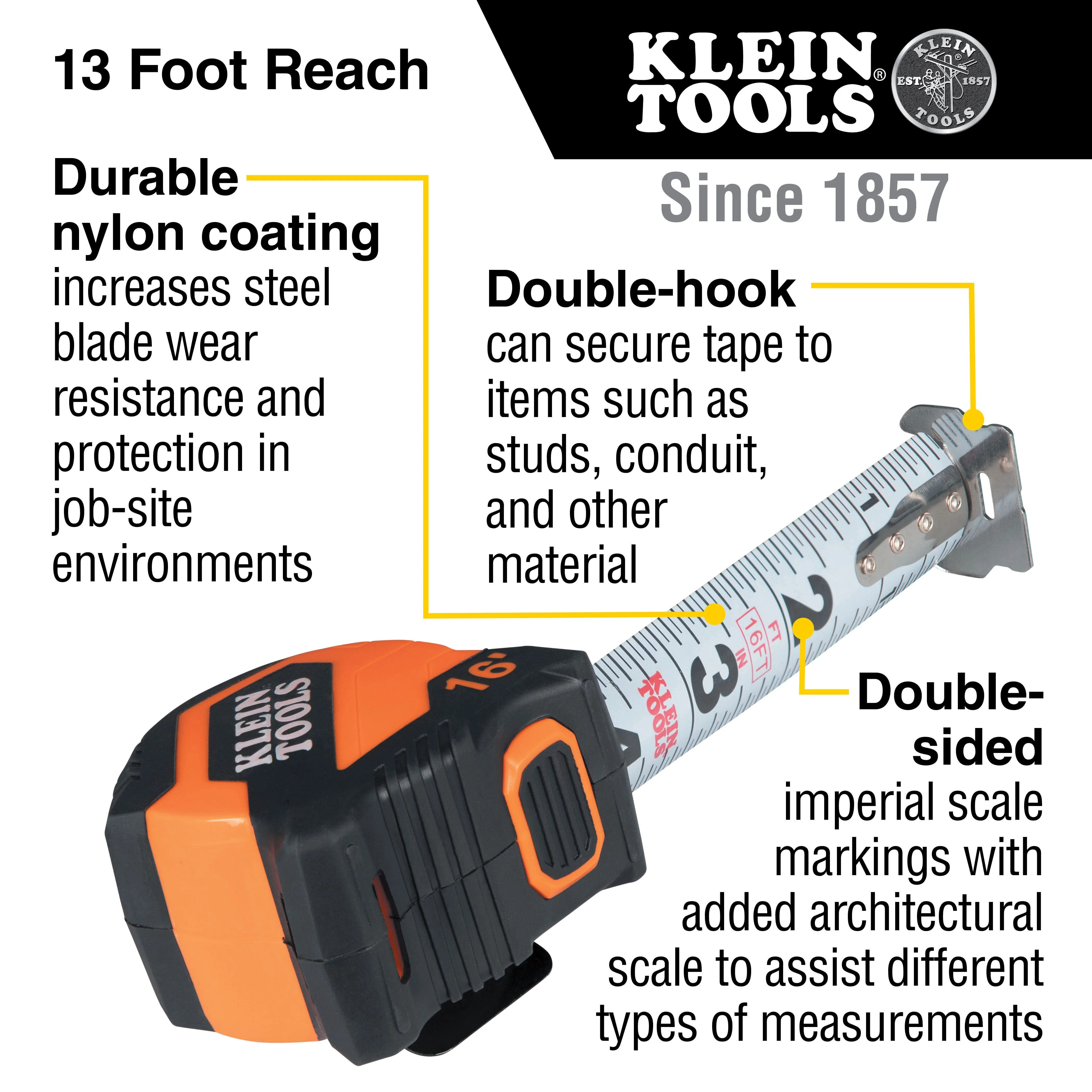 Klein Tools 9516 Tape Measure, 16-Foot Compact, Double-Hook - Image 2