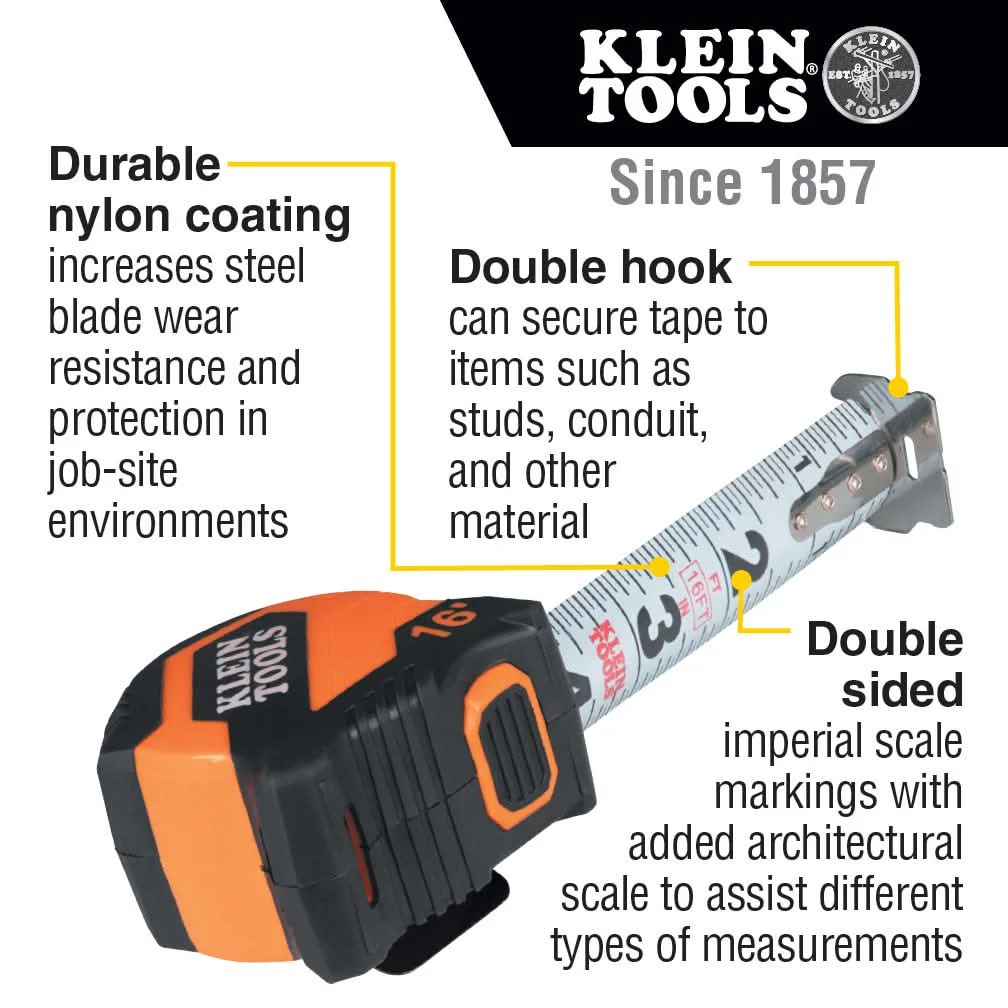 Klein Tools 9516 Tape Measure, 16-Foot Compact, Double-Hook - Image 3