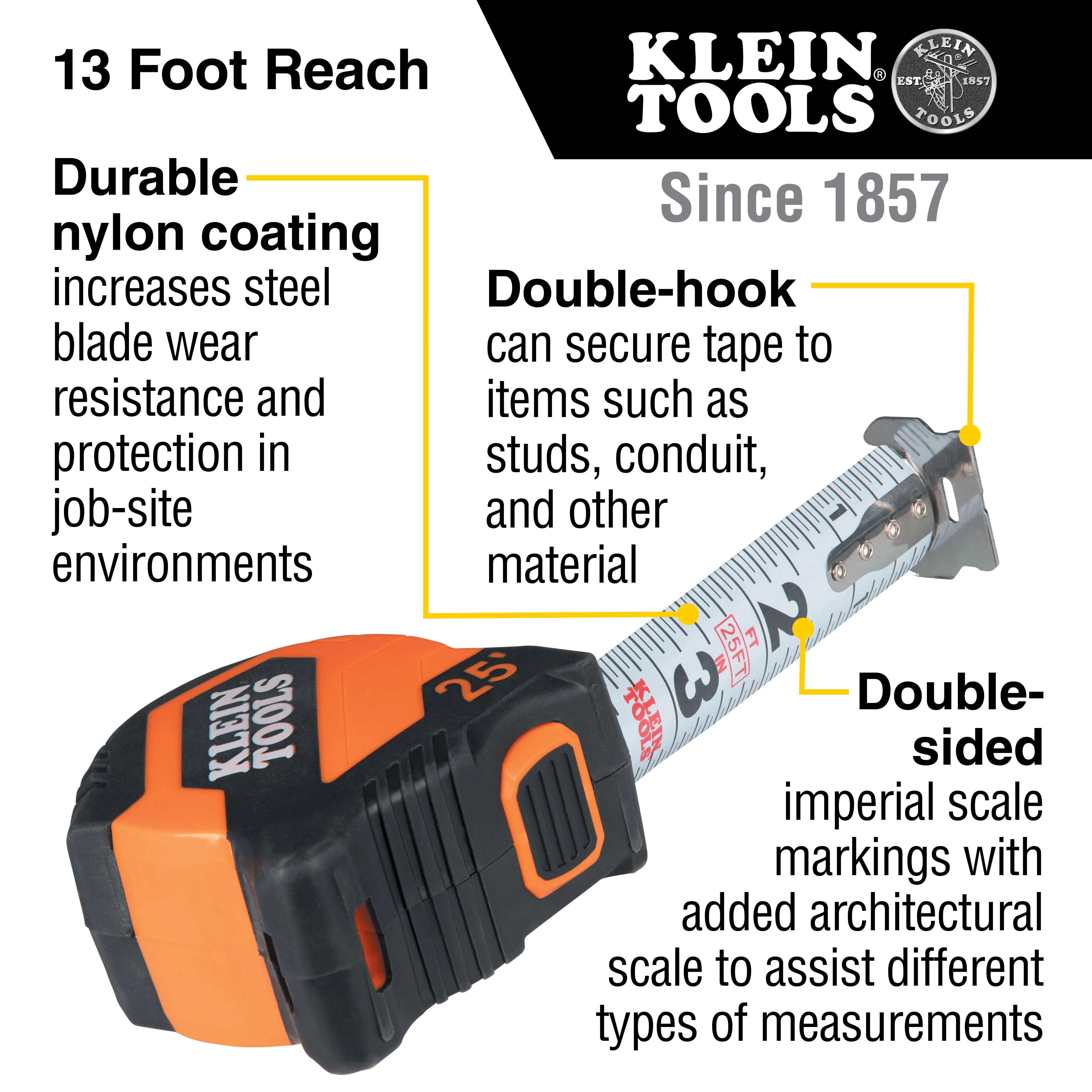 Klein Tools 9525 Tape Measure, 25-Foot Compact, Double-Hook - Image 2