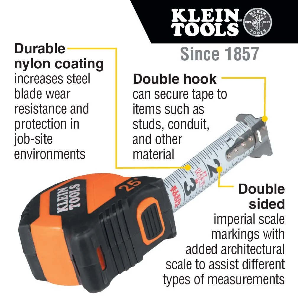 Klein Tools 9525 Tape Measure, 25-Foot Compact, Double-Hook - Image 3