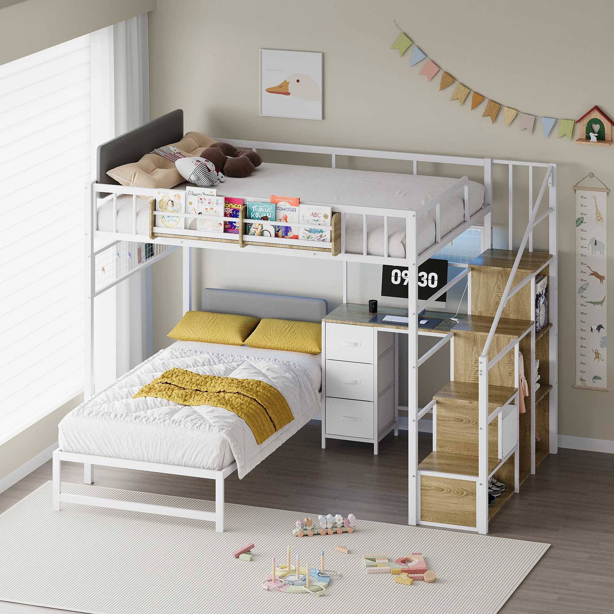 Advwin L-Shaped Bunk Loft Bed with Desk - Image 1