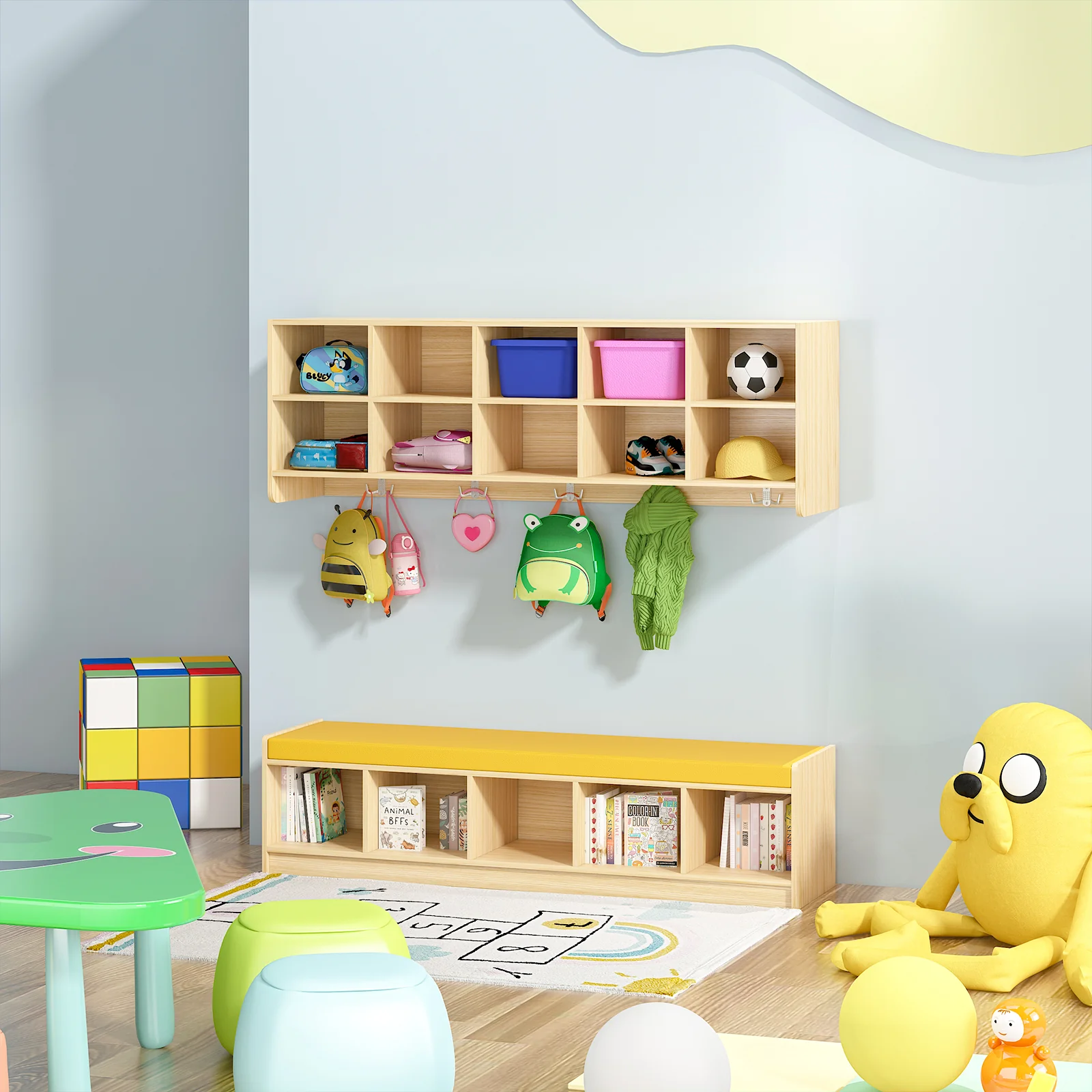 Advwin 10-Section Wall Cubbies w/Hooks & Bench - Image 1