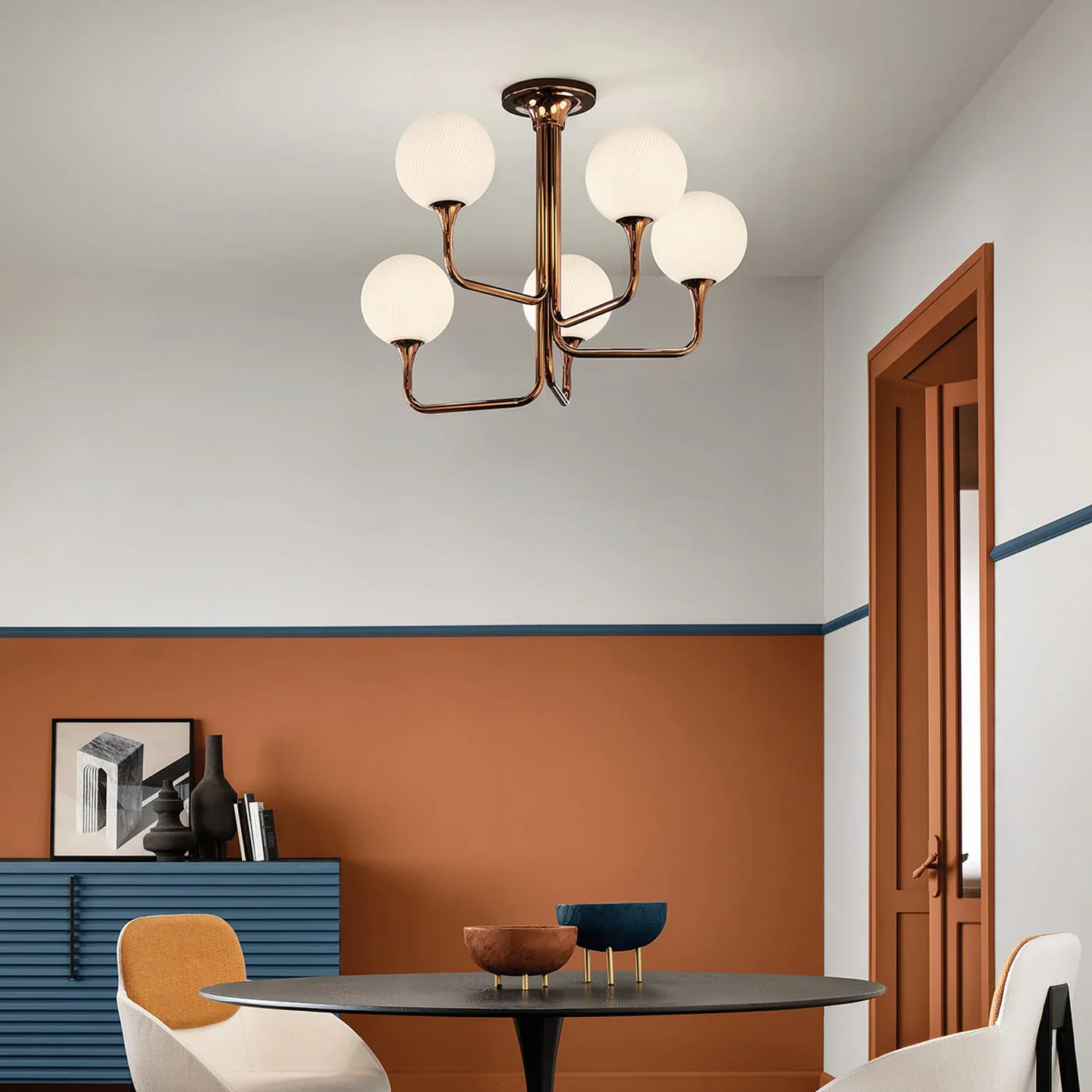 MASIERO | TEE GLOSSY GLAVANIC COPPER METAL AND GLASS 5-LIGHT CHANDELIER | $4,275.00 - Image 2