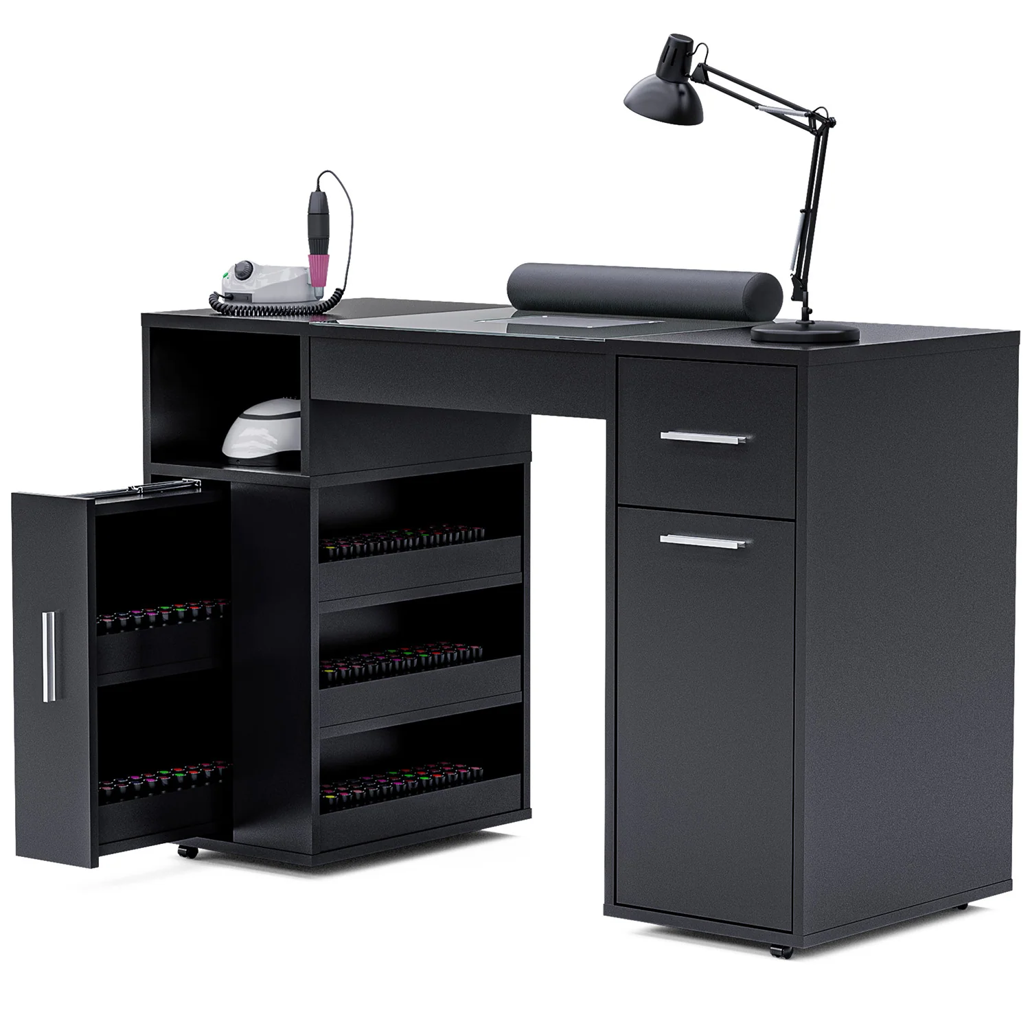 Advwin Nail Desk w/Acetone-Resistant Glass Table Top Black - Image 3