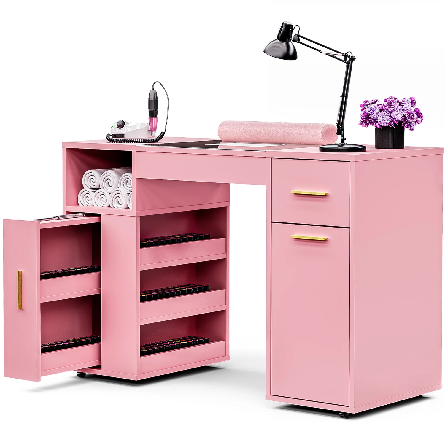 Advwin Nail Desk w/ Acetone-Resistant Glass Table Top Pink - Image 3