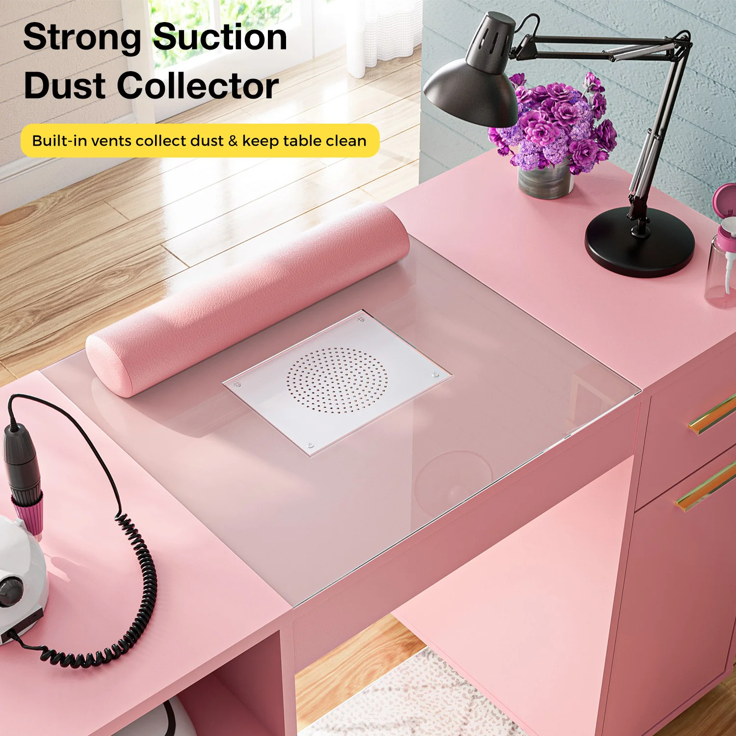 Advwin Nail Desk w/ Acetone-Resistant Glass Table Top Pink - Image 2