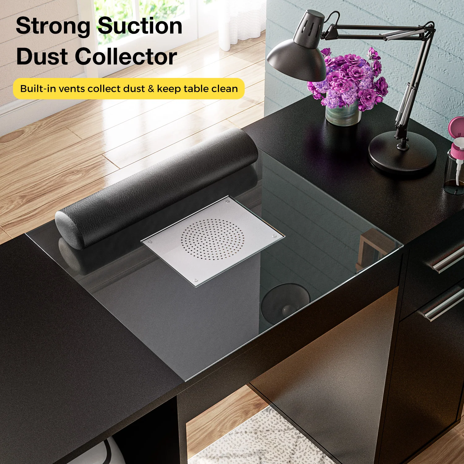 Advwin Nail Desk w/Acetone-Resistant Glass Table Top Black - Image 2