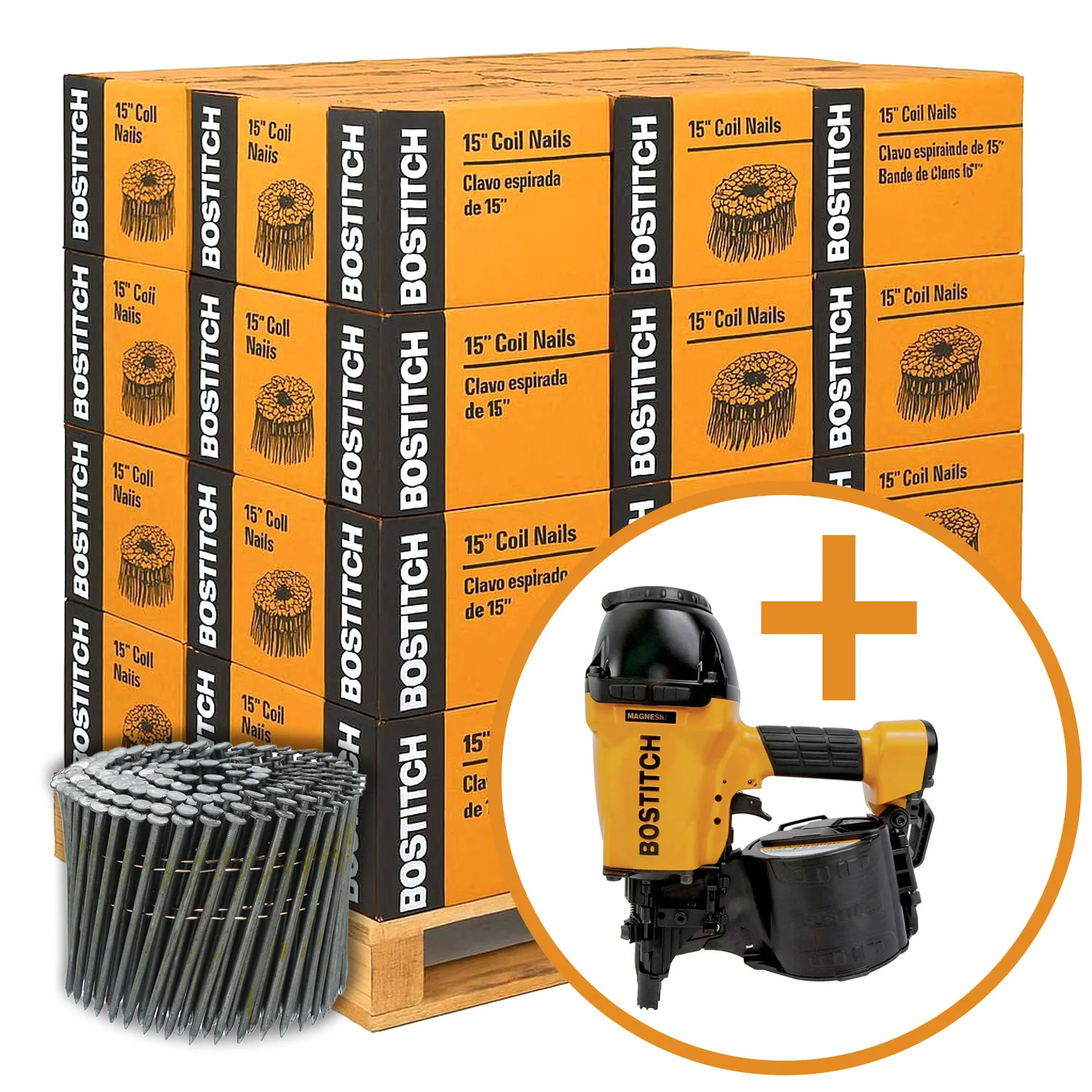 BOSTITCH C8R99BD 2-3/8-in. x .099-in. 34-Degrees Plastic Collated Ring Shank Full Round Head Framing Nails, 60 Boxes of 3600-Nails